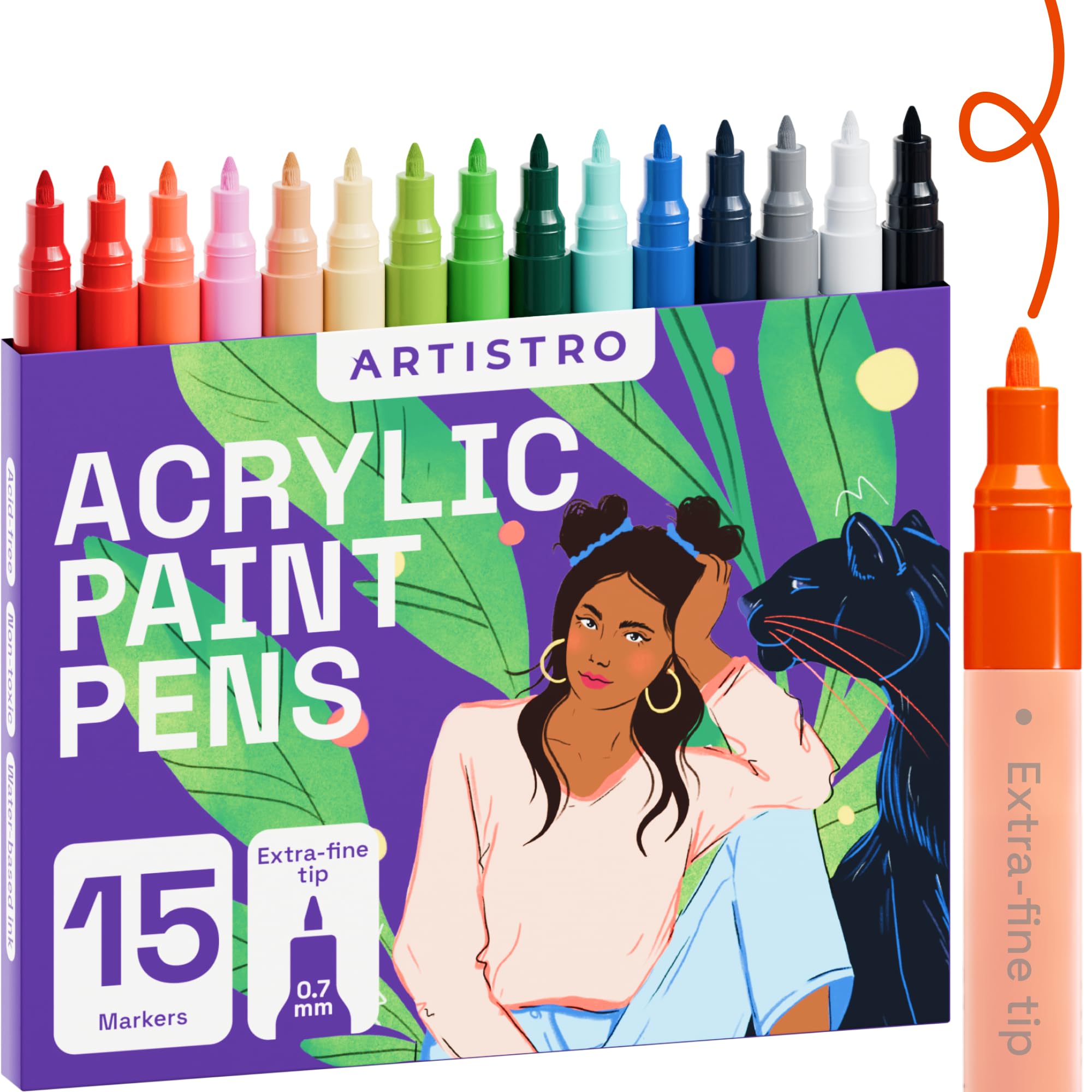 ARTISTRO Acrylic Paint Pens, Acrylic Paint Markers, Fabric Markers for Textile, Canvas, Rock, Glass, Wood, Paper, DIY, Paint Markers for Kids and Adults (Extra Fine Tip, 15)