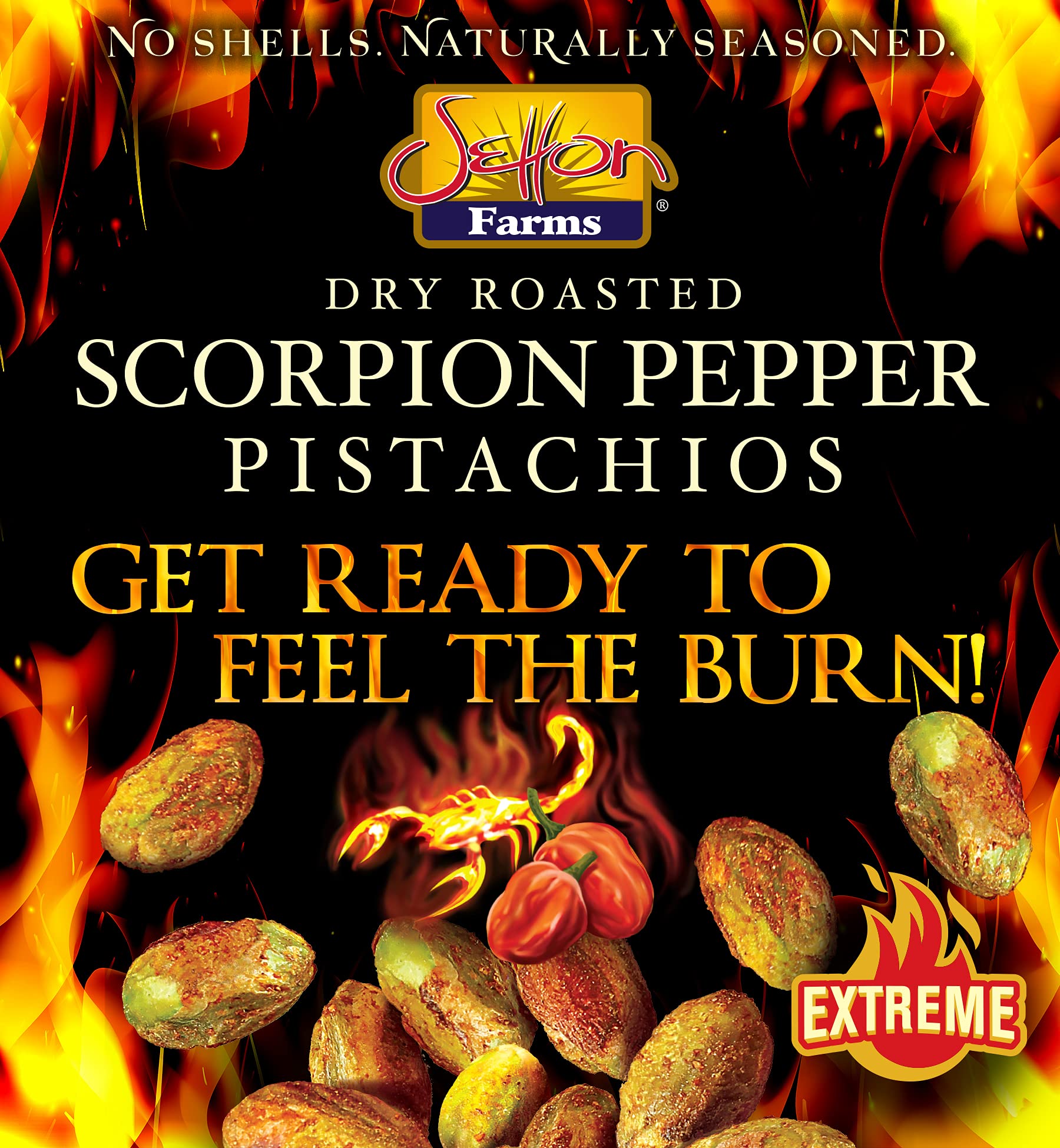 Setton Farms Pistachios, Scorpion Pepper Extreme Flavor Pistachios Value Bag, Naturally Seasoned, Dry Roasted No Shell Pistachios, Non-GMO Project Verified, Gluten Free, Vegan, Kosher, 20 Oz