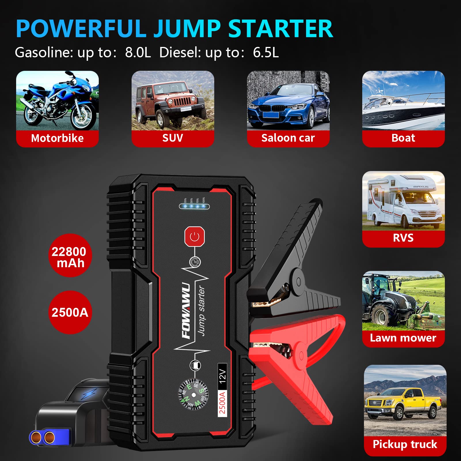 FOWAWU Car Jump Starter 2500A Peak 22800mAh Portable Jump(Up to 8.0L Gas and 6.5L Diesel), Battery Car Jump Battery Booster Pack with Smart Safety Jumper Cable, LED Light USB DC 12V Output