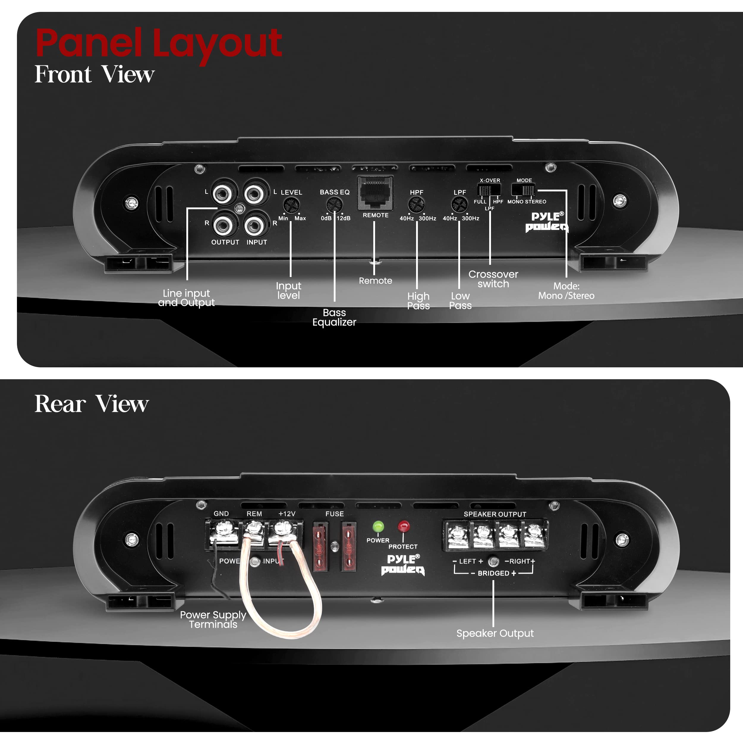 Pyle 2 Channel Car Stereo Amplifier - 4000W Dual Channel Bridgeable High Power MOSFET Audio Sound Auto Small Speaker Amp Box w/ Crossover, Bass Boost Control, Silver Plated RCA Input Output - PLA2678