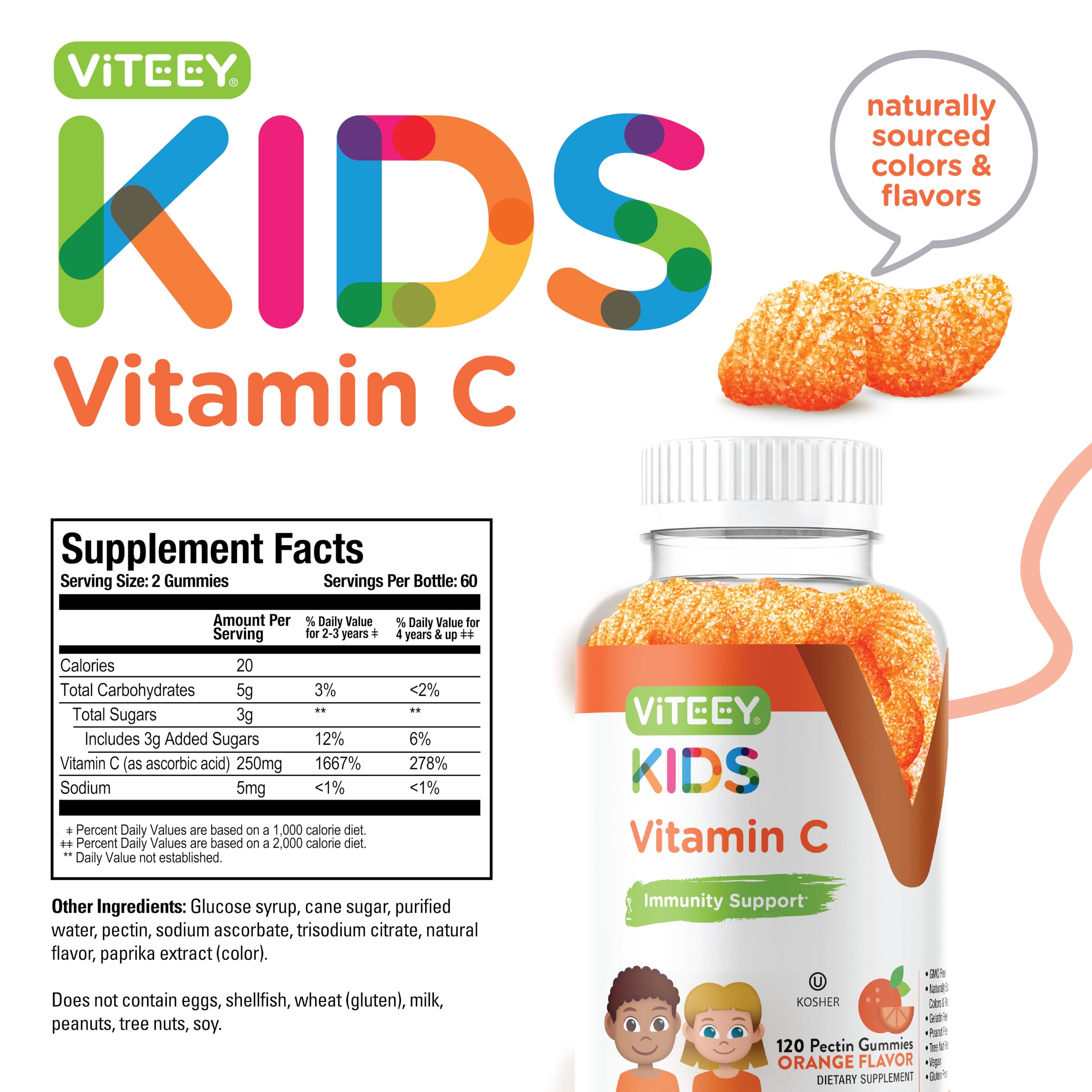 Kids Vitamin C Gummies - Immune Support for Kids, Toddlers, & Teens - Vegan, Gelatin Free, Gluten Free, GMO Free - Tasty Chewable Orange Flavored Kids Immunity Gummy