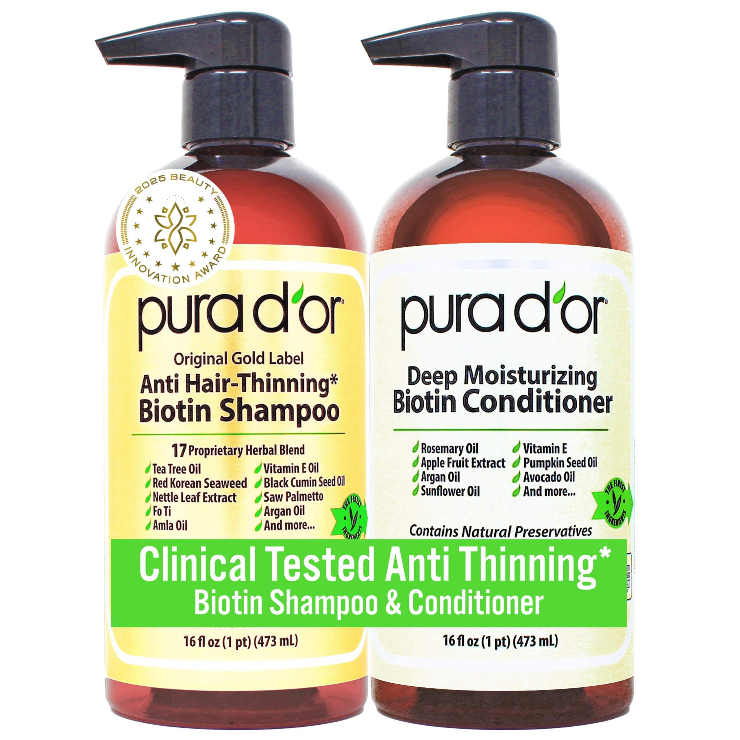 PURA D'OR Anti-Thinning Biotin Shampoo & Conditioner Gold Label Set (16oz x2) Natural Botanical Scent – CLINICALLY TESTED Stronger-Feeling, Thicker-Looking Hair, Volume & Less Breakage – Men & Women