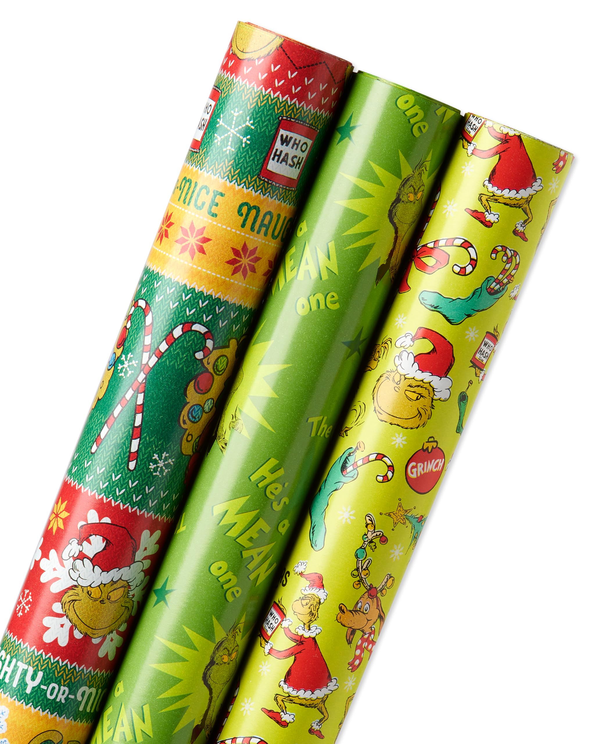 American Greetings 105 sq. ft. Grinch Christmas Wrapping Paper Bundle with Cut Lines, Grinch (3 Rolls 30 in. x 14 ft.)