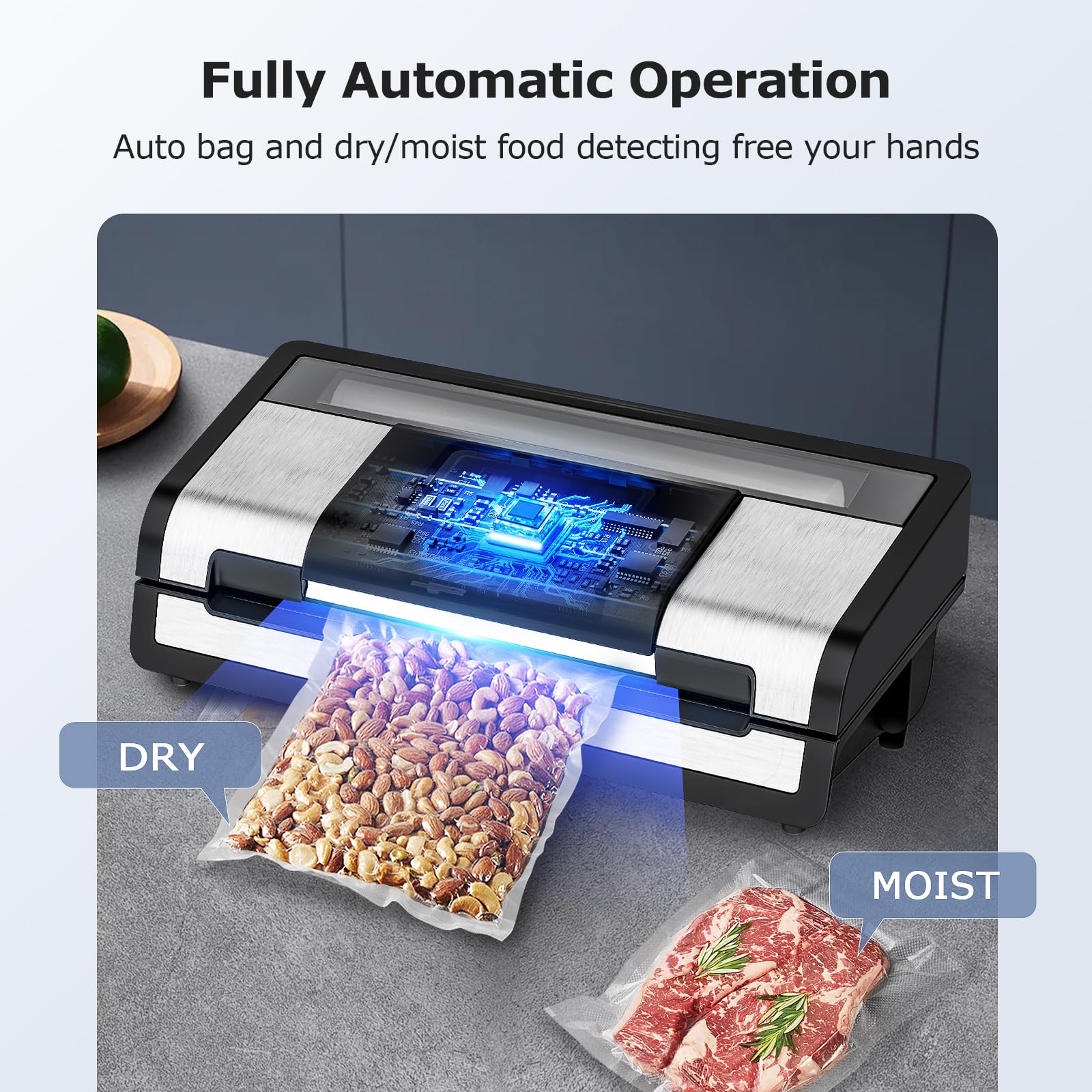 FRESKO Smart Vacuum Sealer Pro, Full Automatic Food Sealer Machine for Food Stoarge and Saver，Powerful Seal a Meal Sealer Machine with Auto Dry/Moist Detection, Roll Bag and Built-in Cutter