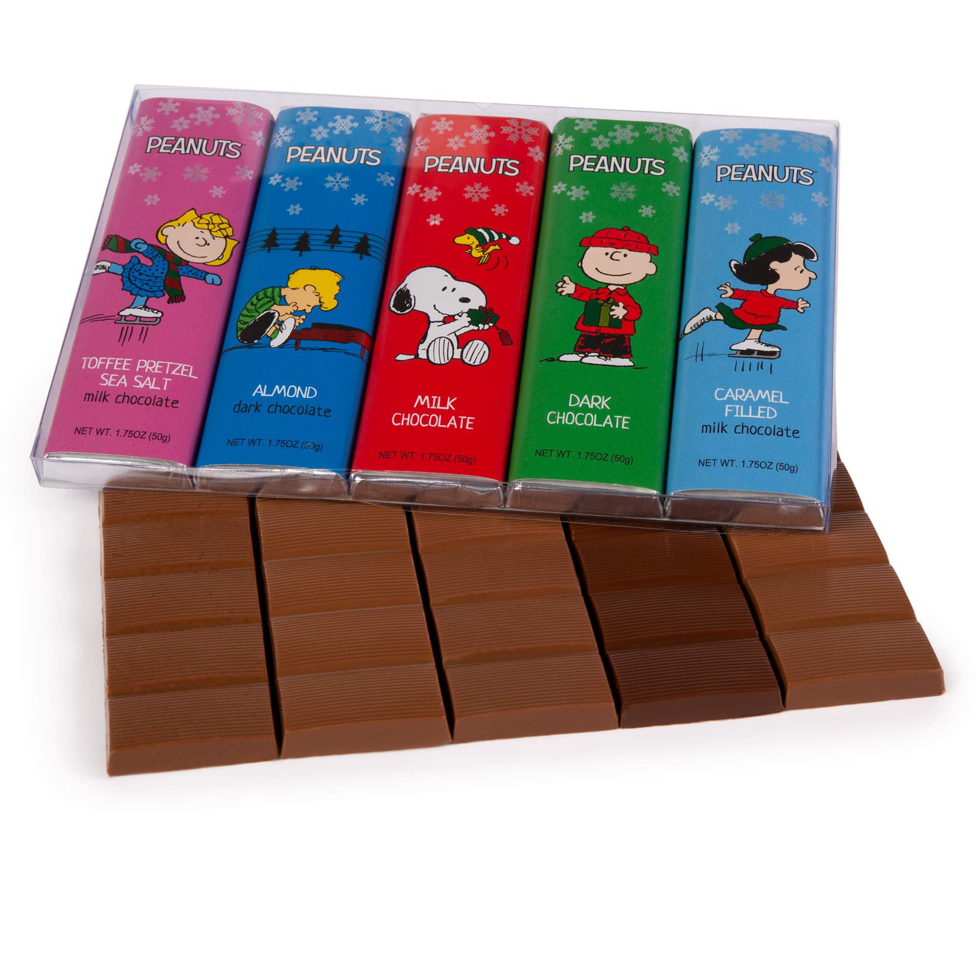 Peanuts Chocolate Christmas Variety Pack, Snoopy Gourmet Bar Snack Set, Charlie Brown Gifts for Kids, 1.75oz 5-Bar Rich Belgian Chocolate Holiday Box, Kosher Candy, Prime Delivery