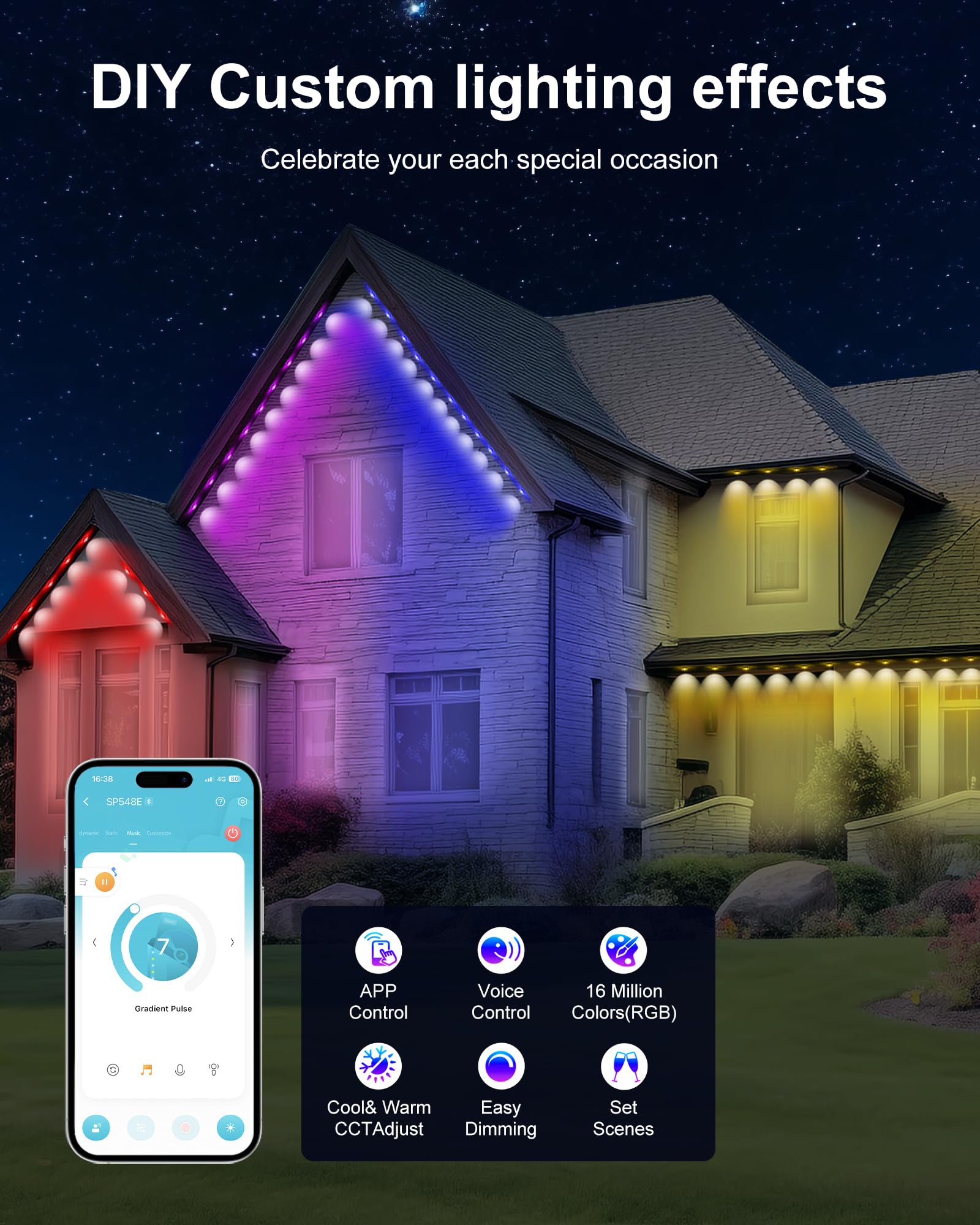 Nexillumi Permanent Outdoor Lights for House, 100ft Smart RGB Plus IC Outside Lights with 72 Scene Modes, IP68 Waterproof Eaves Lights for Christmas All Holiday Decorations