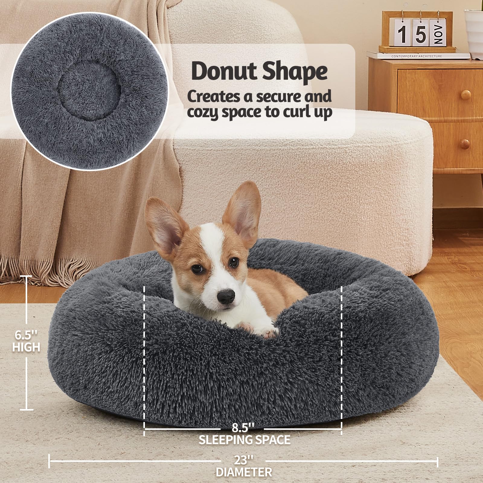 OhGeni Calming Donut Dog & Cat Bed Pillow, Washable Plush Warming Bed, Gifts for Pet Lovers, Anti-Slip Round Comfort Pet Bed, Pillow Design Fluffy Bed for Small Medium Dogs, Gray, 23 inches