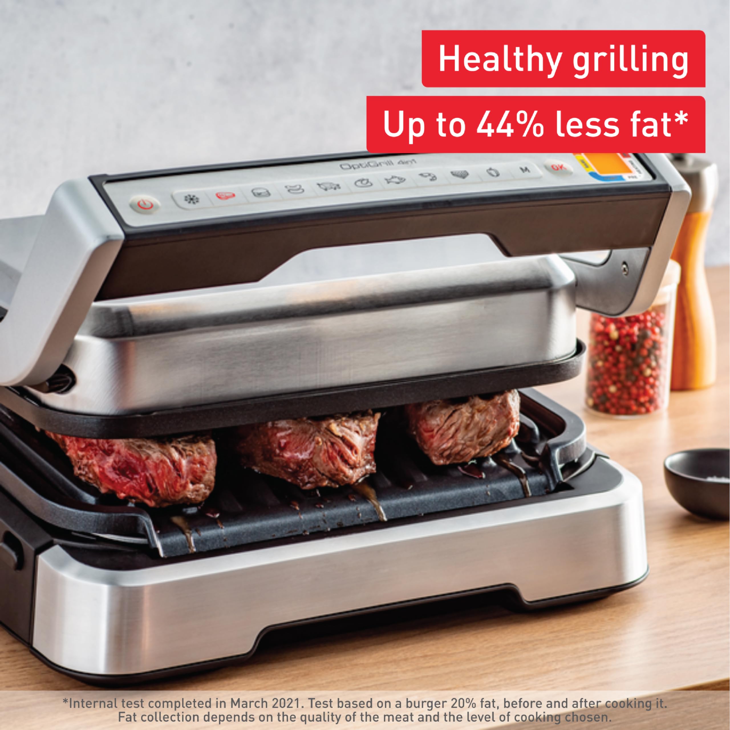 T-fal, Electric Grill Indoor, OptiGrill 4in1, Stainless Steel, 9 Automatic Cooking Modes, Intelligent Grilling, 1800 Watts, Nonstick Removable Plates, Dishwasher Safe, Panini Press Sandwich Maker