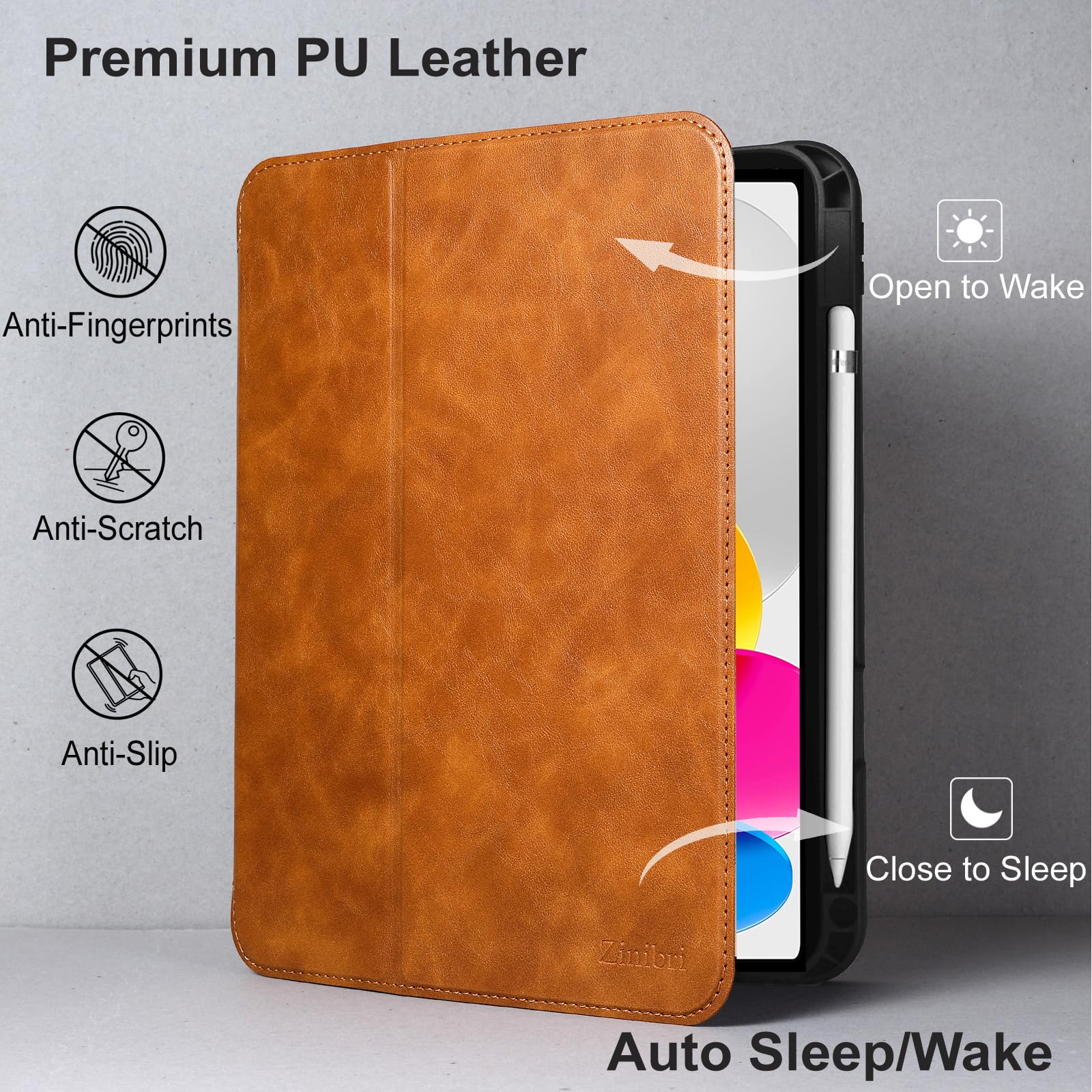 Zinibri Case Compatible with iPad 10th Generation/iPad 10 Cover 10.9 Inch 2022 2023 A2696 A2757 A2777 with Pencil Holder PU Leather Multi Angles Stand Slim Smart Folio Auto Sleep/Wake,Brown