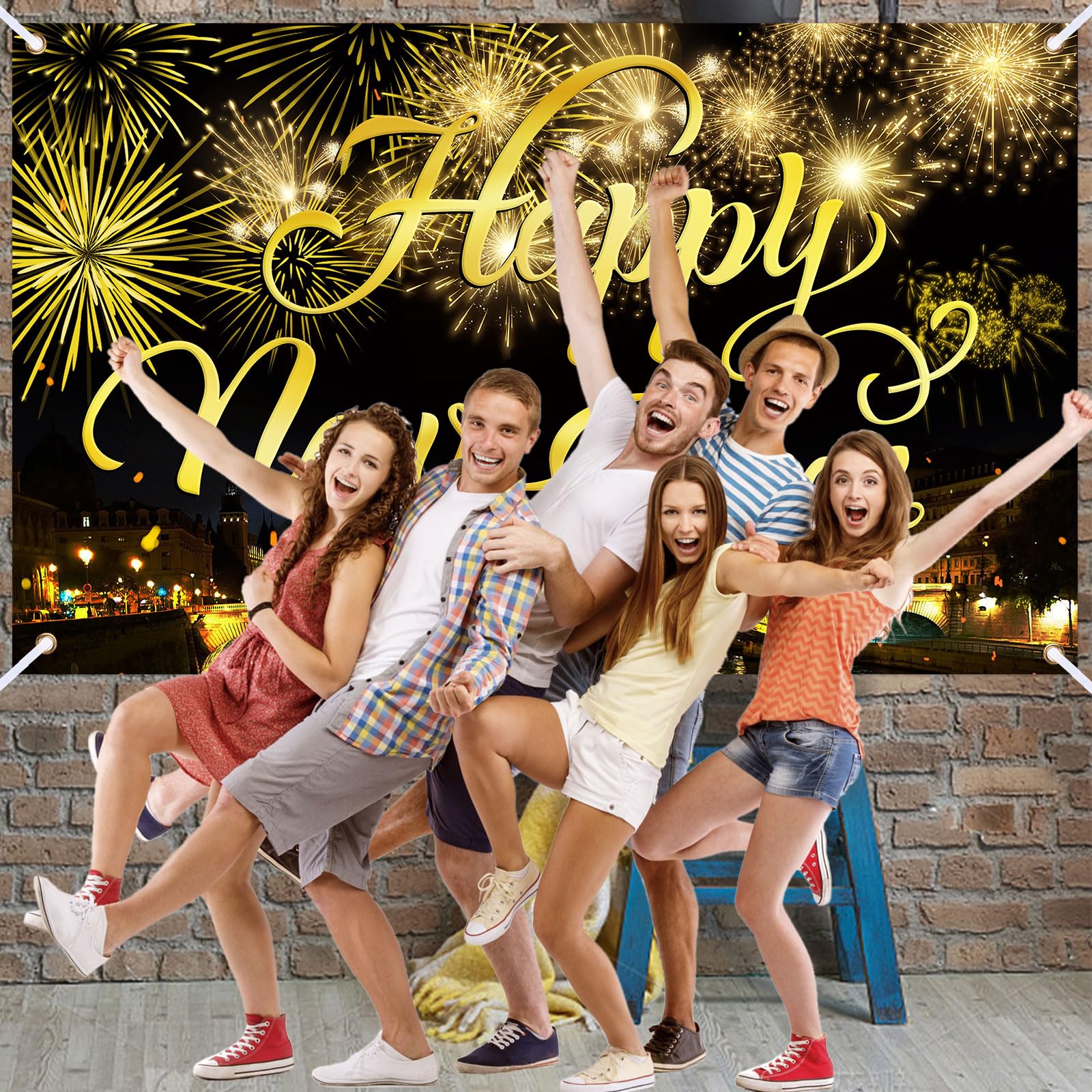 Happy New Year Party Backdrop Fabric Sign Poster Banner with Pattern Firework for New Year Party Decoration Photo Props Background Supplies