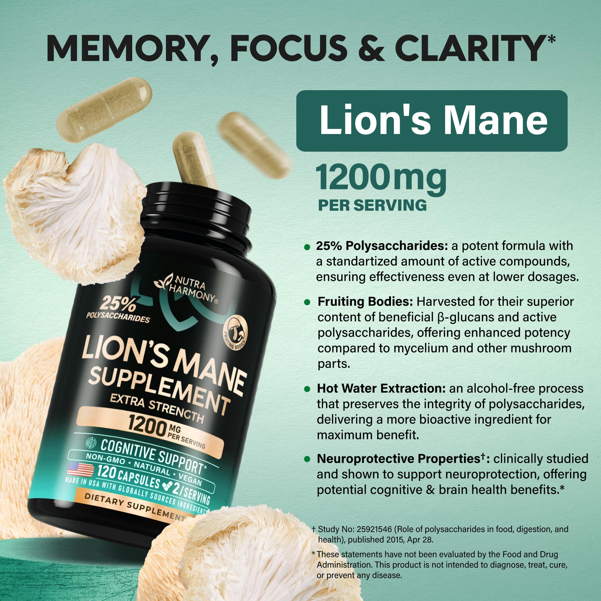 Lions Mane Supplement Capsules - Organic Lions Mane - Made in USA - Fruiting Bodies Extract - 1200 mg, 25% Polysaccharides - Memory & Focus Support - As Lions Powder - 120 Capsules, 2 Month Supply