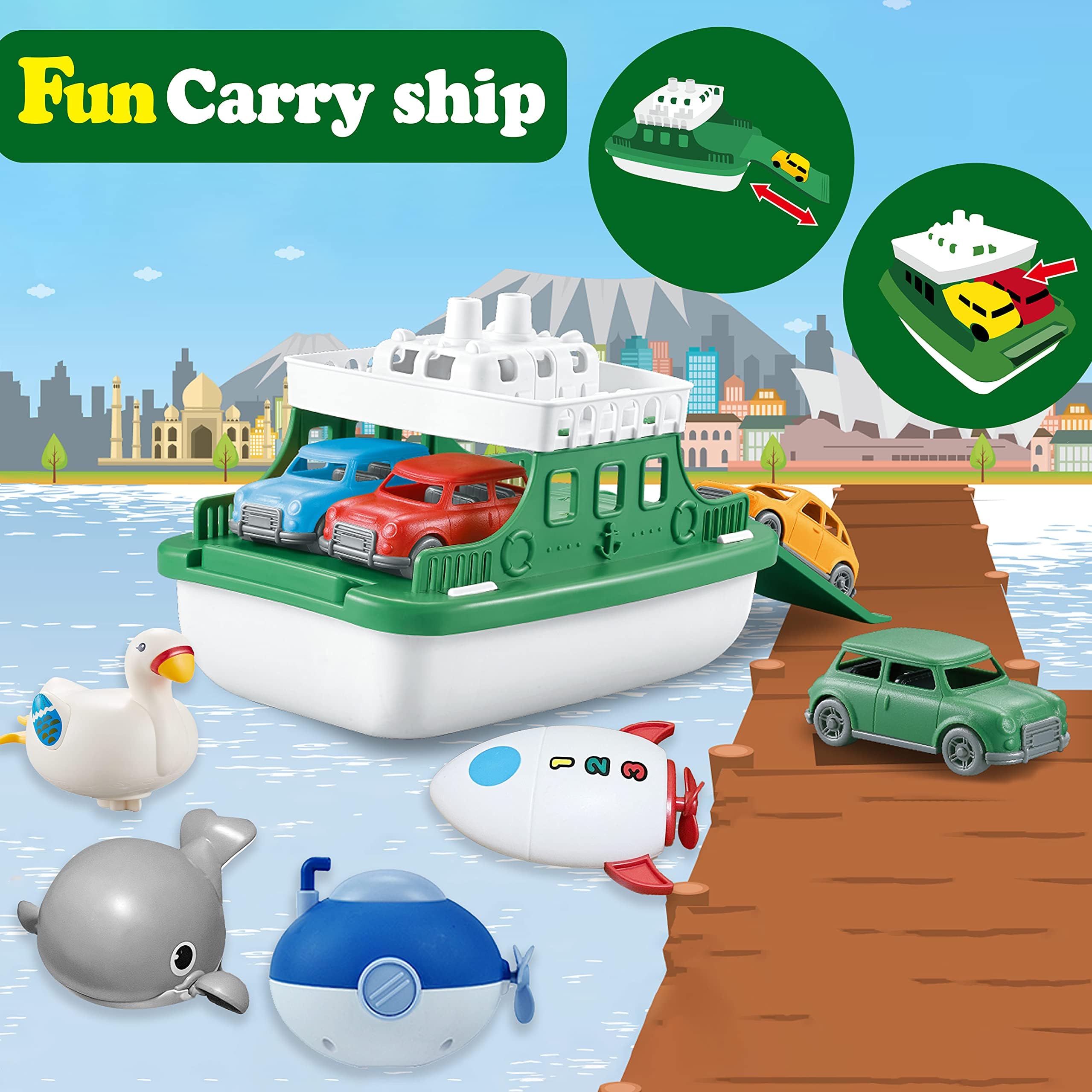 OKGIUGN Ferry Boat with 4 Car and 4 Wind Up Bath Swimming Toys, Kids Bath Toy Floating Vehicle Whales Submarines Swans Rockets, Bathtub Bathroom Pool Beach Toy Set for Toddlers Boys Girls