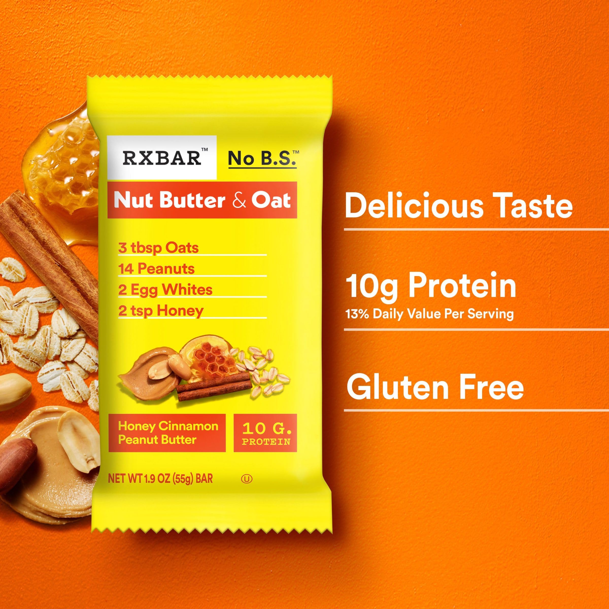 RXBAR Nut Butter and Oat Protein Bars, Protein Snacks, Snack Bars, Honey Cinnamon Peanut Butter, 23.2oz Box (12 Bars)