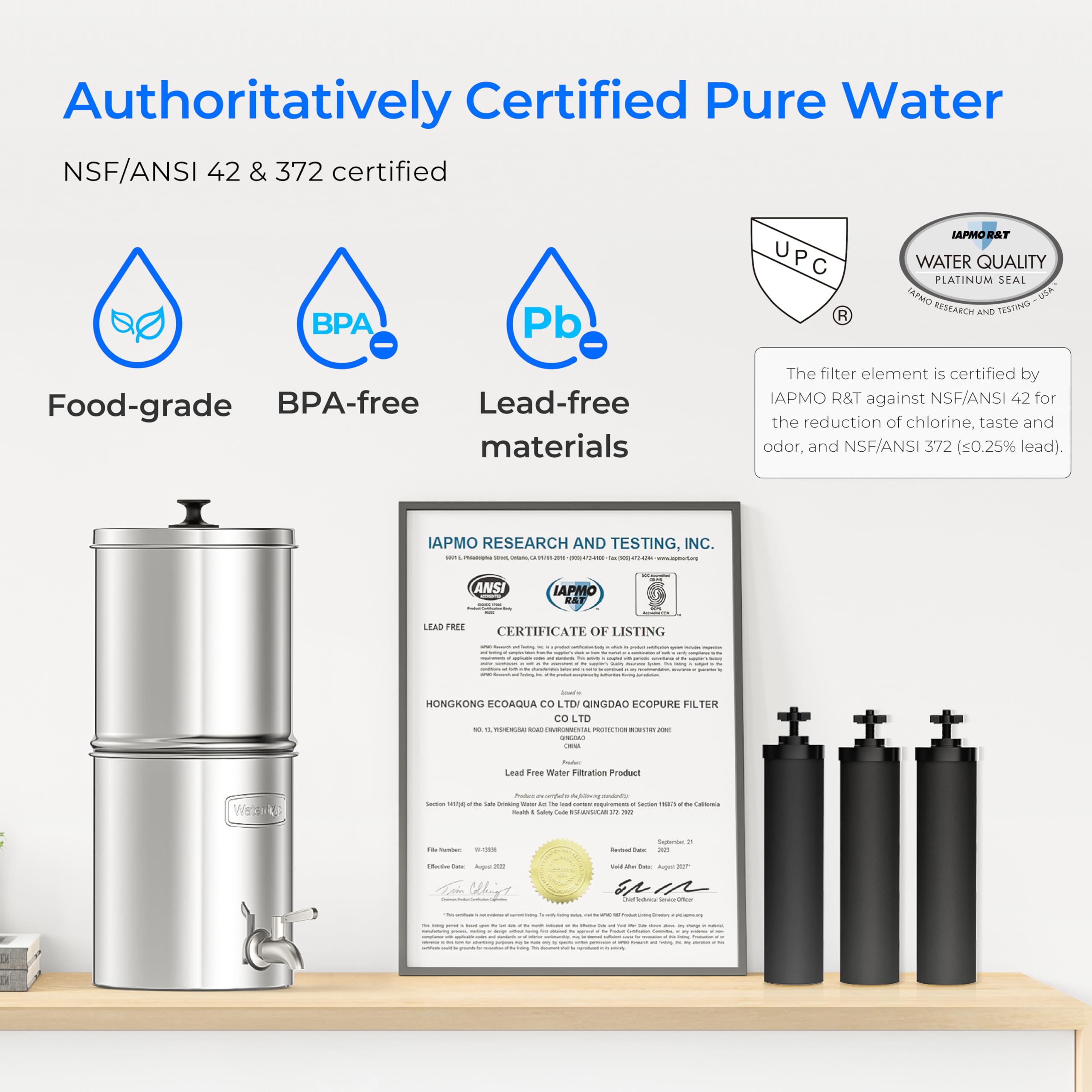 Waterdrop Gravity-fed Water Filter System, with Upgrade 3 Black Carbon Filters and Metal Spigot, 9000 Gallon Longer Lifespan and 150% Faster Flow, King Tank Series, 2.25G