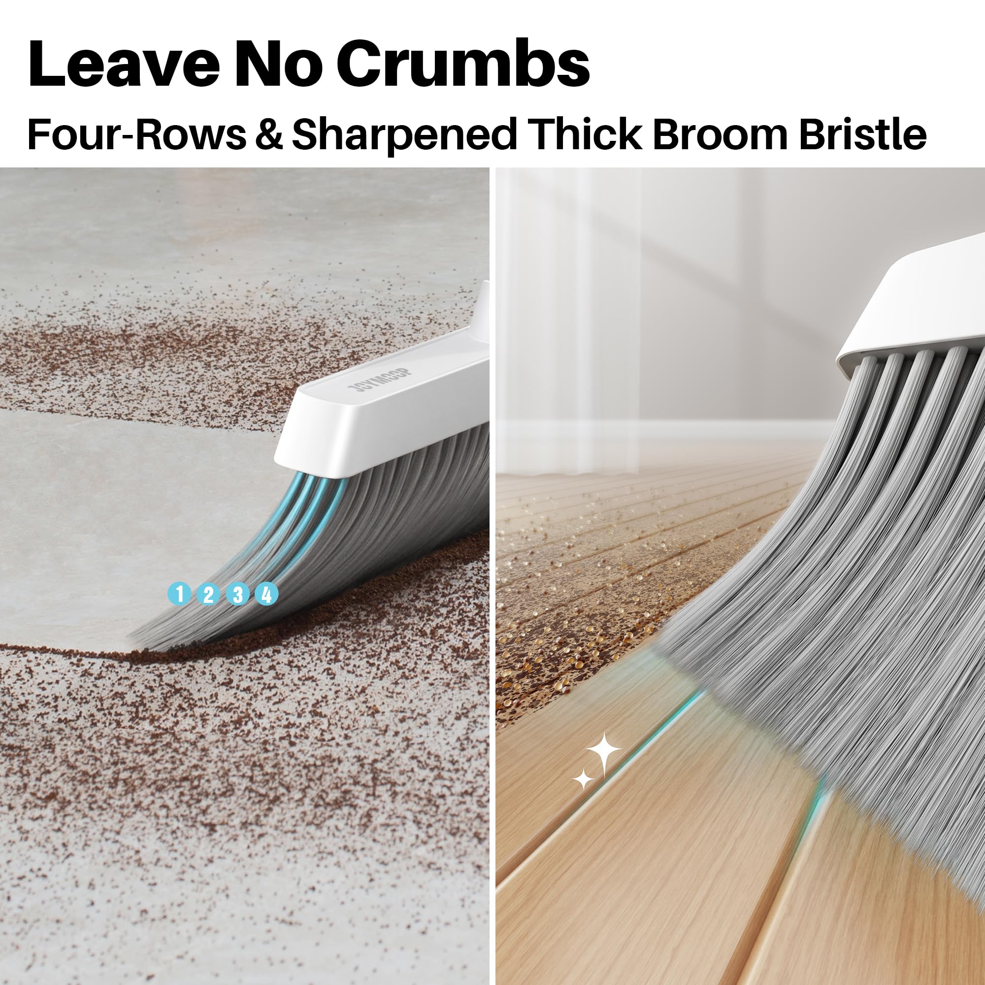 JOYMOOP White Broom and Dustpan Set, Upright Angle Design with Built-in Comb Teeth for Kitchen, Office, Pet Hair, Hard Floors