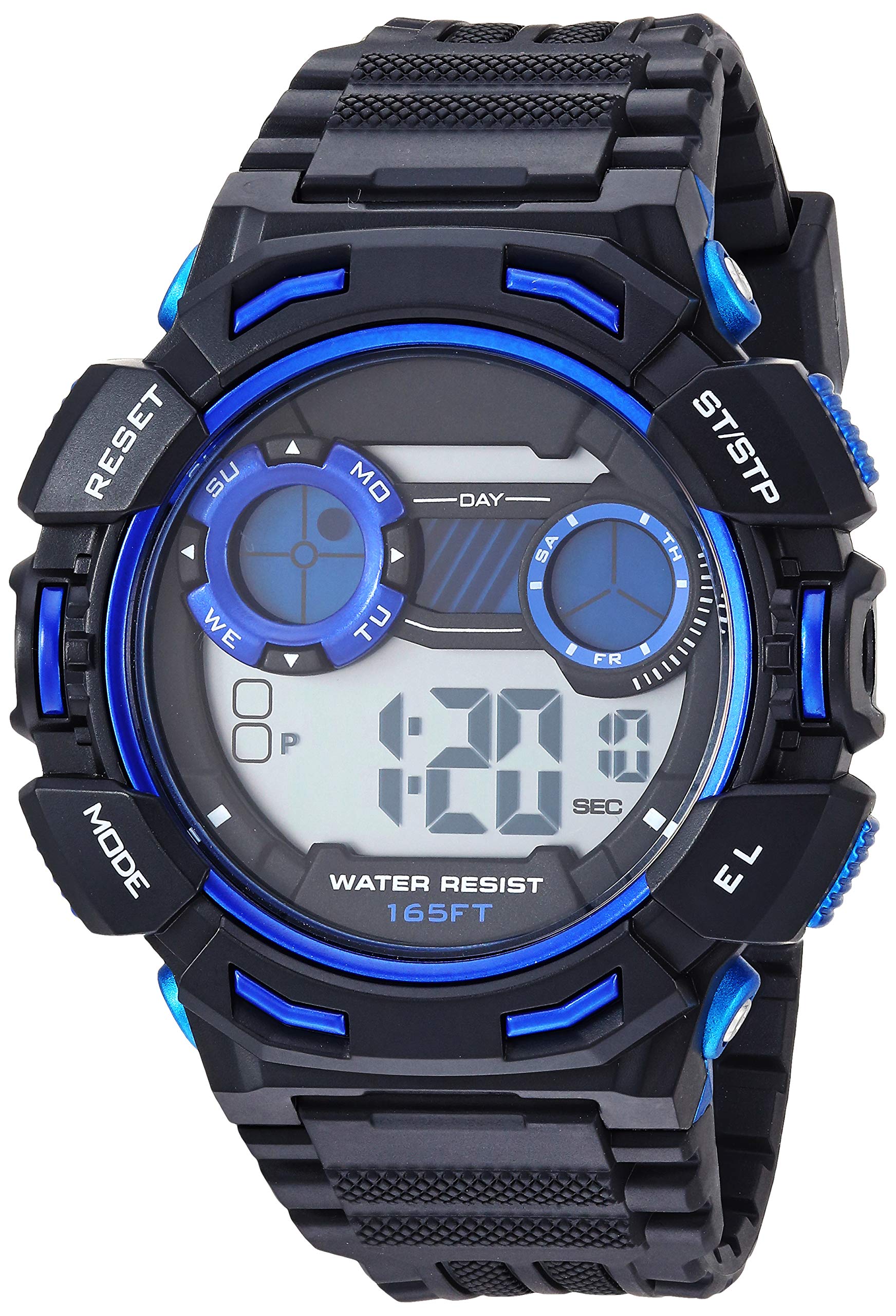 Amazon Essentials Men's Blue Accented Digital Chronograph Black Resin Strap Watch