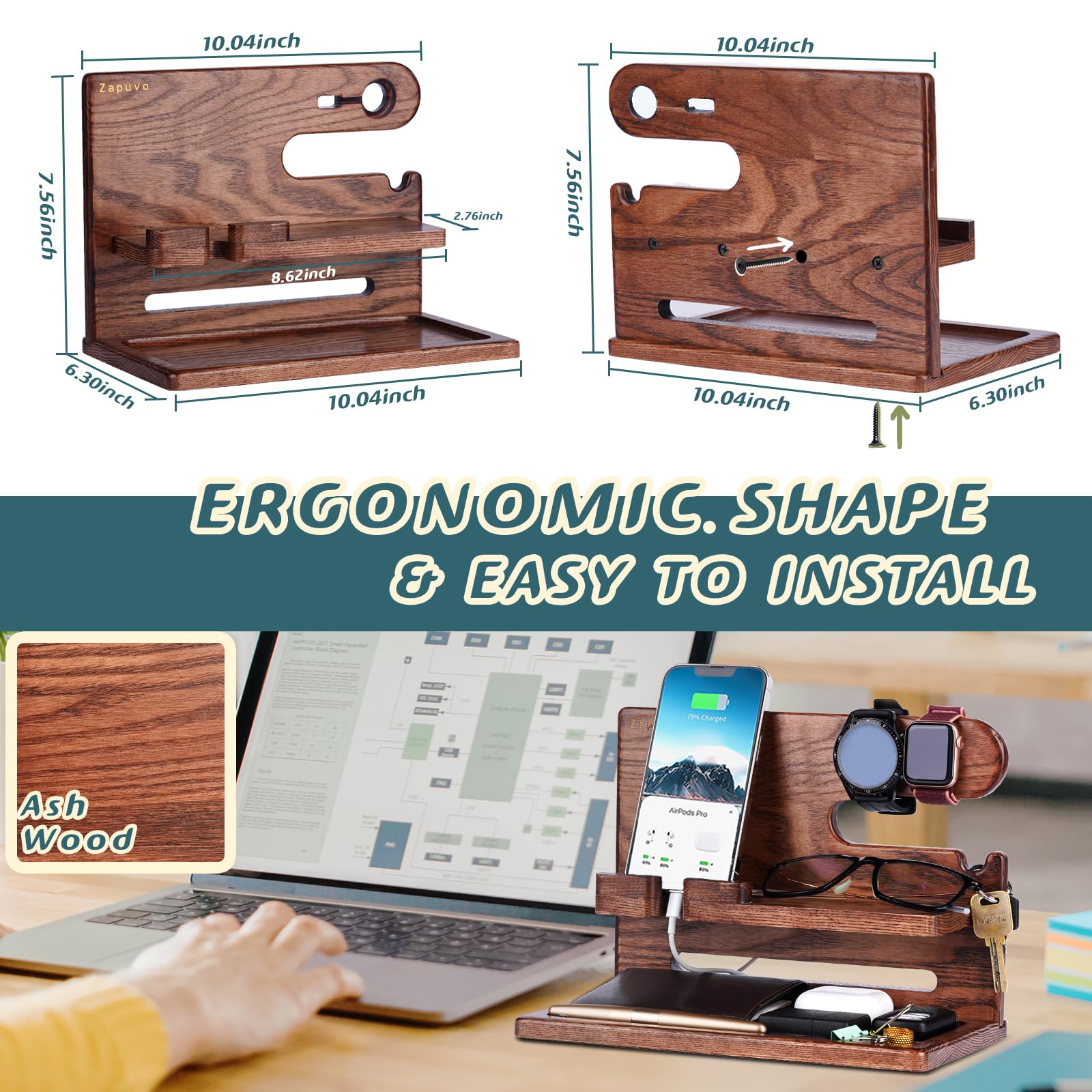 ZAPUVO Gifts for Men, Gifts for Dad Husband Fathers Day from Daughter Son Kids Wife, Wood Phone Docking Station Nightstand Organizer, Birthday Gifts Ideas Boyfriend Anniversary Graduation for Him