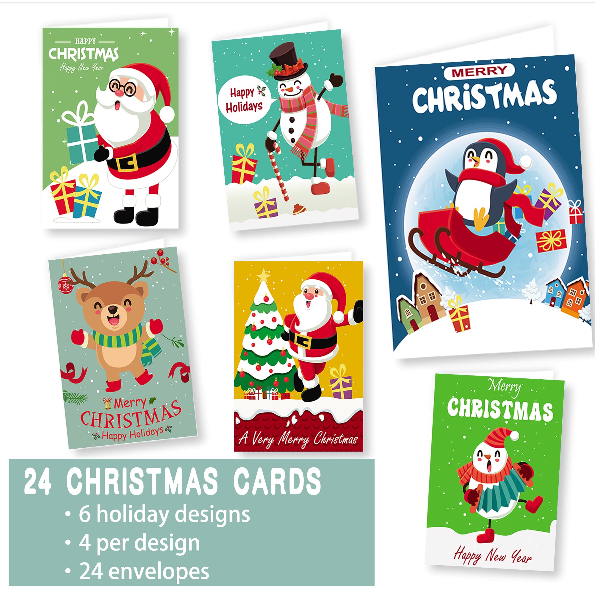 24 Pack Christmas Cards Bulk - 4" x 6" Fun & Festive Designs, Blank Inside, Christmas Holiday New Years Greeting Cards, 6 Assorted Designs Christmas Cards With Envelopes, Winter Cards (Santa Claus)