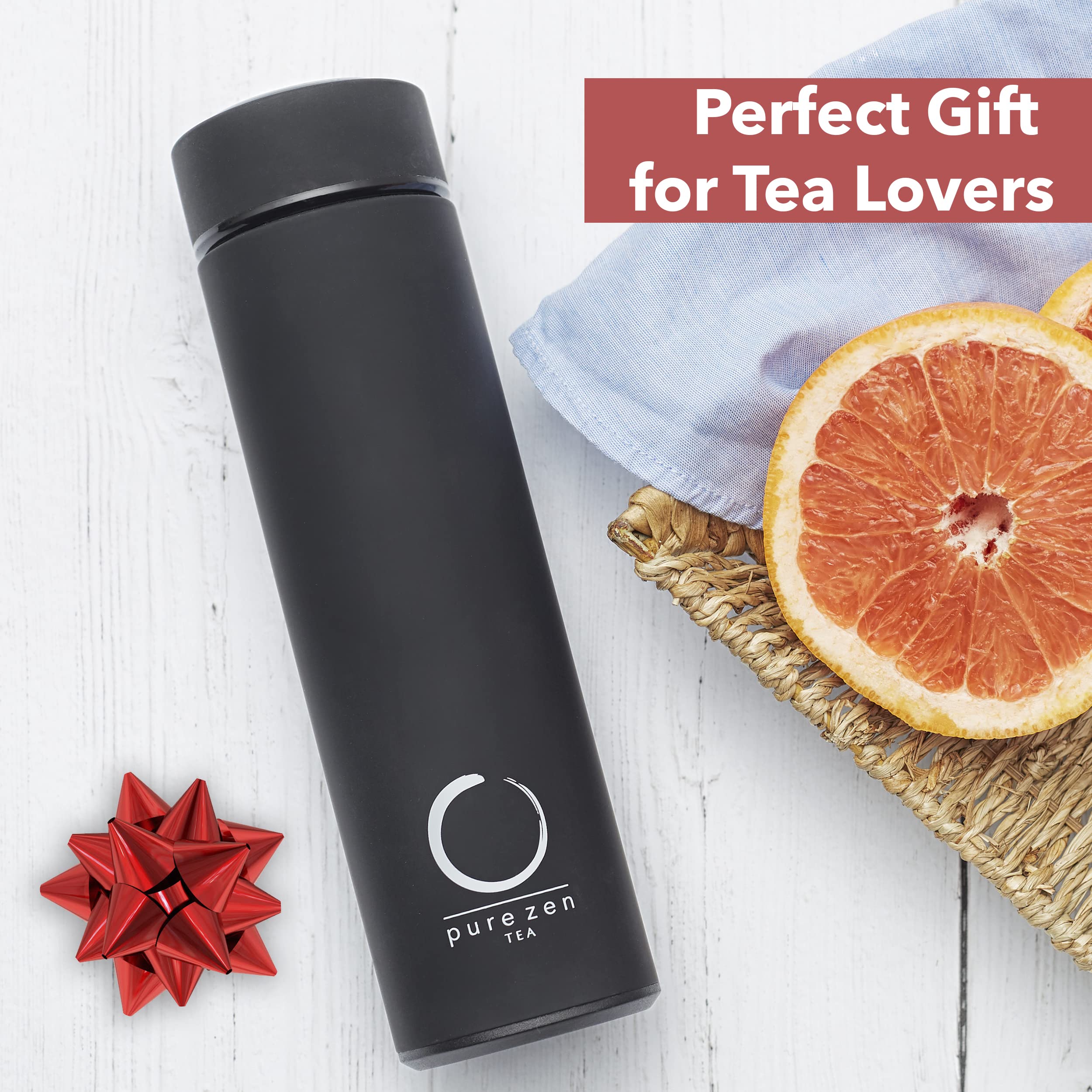 Pure Zen Tea Thermos with Infuser for Tea, Coffee and Fruit-Infused Water - Stainless Steel - Tea Infuser Bottle - Tea Tumbler with Infuser - Leakproof Tea Bottle - Travel Tea Mug - 15oz - Black