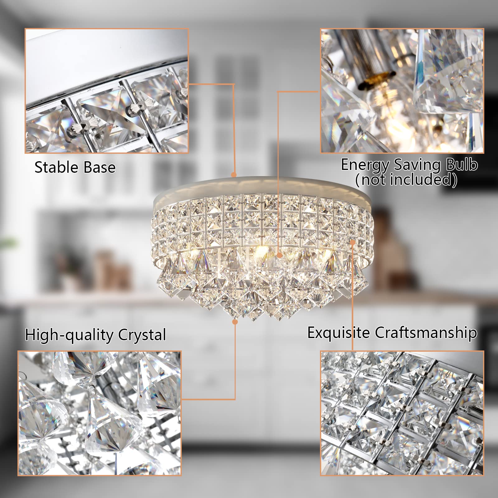 Maxax 4 Lights Crystal Chandelier, Modern Drum Ceiling Light Fixture Lamp, Raindrop Flush Mount Round Metal Shade, for Dining Room, Living Room, Bathroom, Bedroom, Chrome