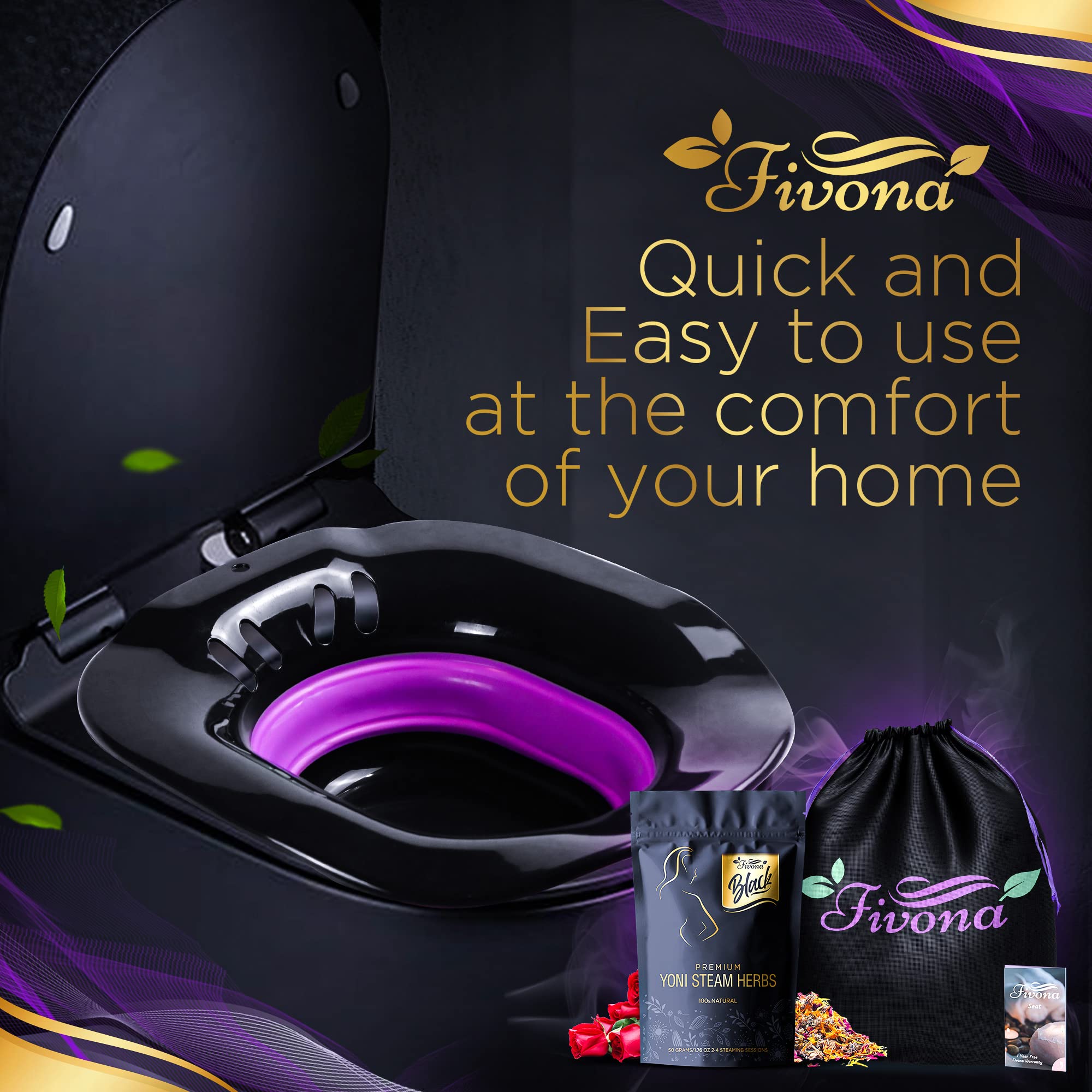 Fivona 3-in-1 Yoni Steam Kit Black - Foldable Over The Toilet Steamer Seat with Herbal Blend and Storage Bag - Effective Detox pH Balance Cleansing and Relaxation - at Home V-SPA