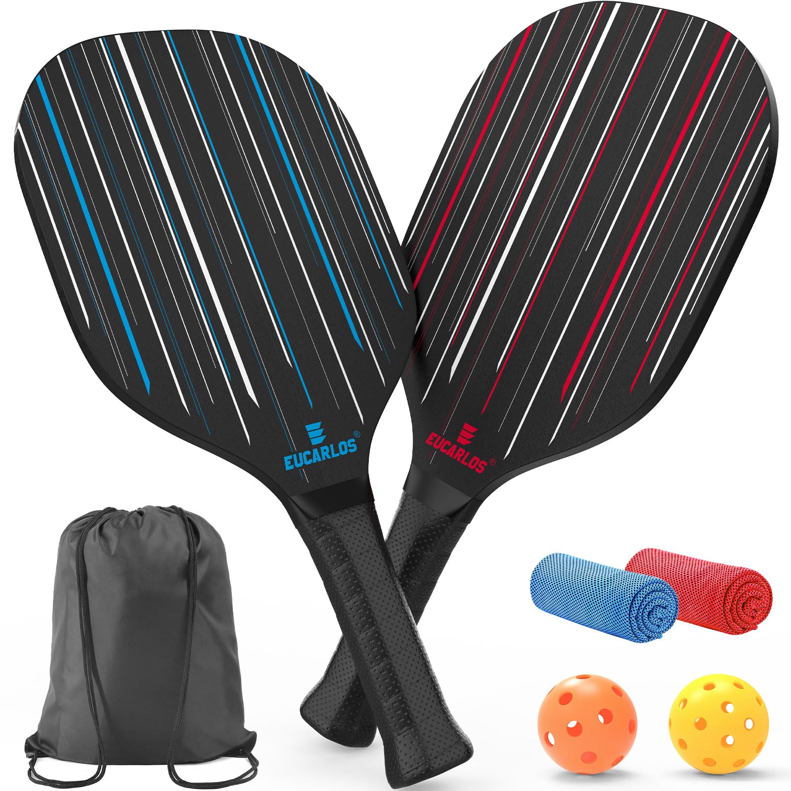 EUCARLOS Pickleball Paddles Set of 2, Pickleball Set of 2 Premium Paddles, 2 Pickle Balls and 2 Cooling Towels, Powerful Pickleball Rackets with Ergonomic Cushion Grip for Beginner & Intermediate