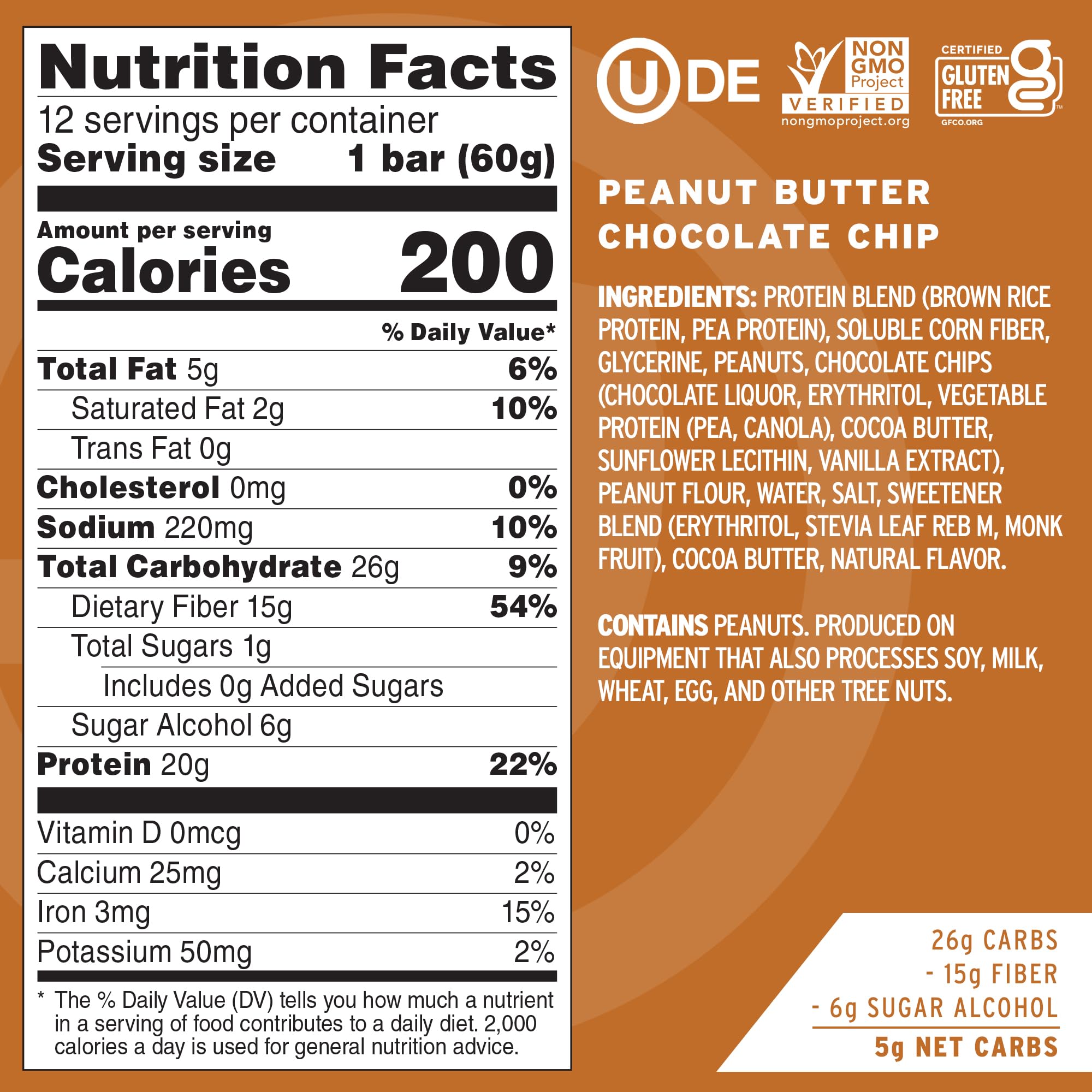 No Cow High Protein Bars, Peanut Butter Chocolate Chip - Healthy Snacks, 20g Vegan Protein, High Fiber, Low Sugar, Dairy & Gluten Free (12 Count)