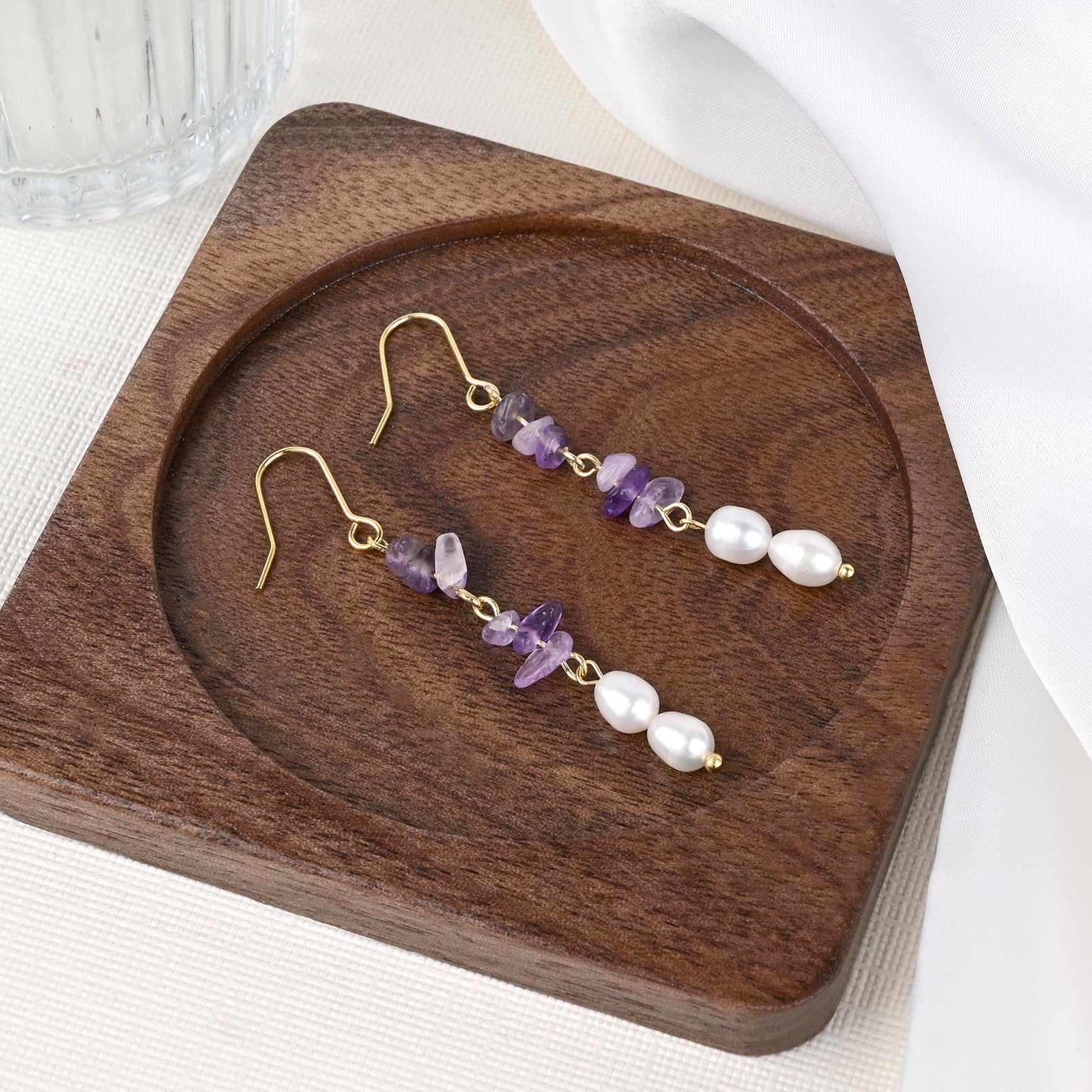 Gold Plated Amethyst Earrings Pretty Purple Earrings Dangle Pearls Hypoallergenic Crystal Nature Earrings for Women Trendy