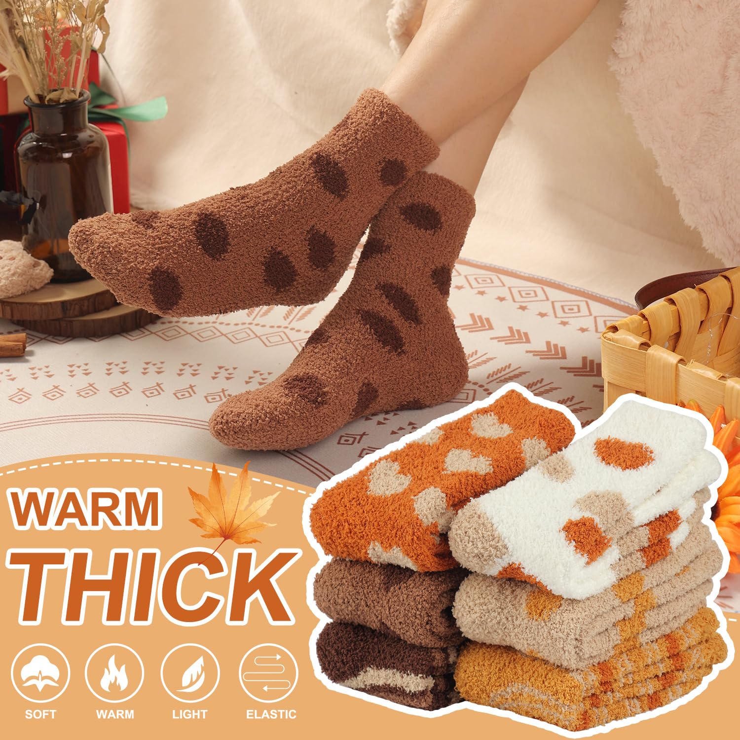 Toes Home Fuzzy Socks for Women Soft Fluffy Winter Cozy Slipper Socks Plush Sleep Fall Socks for Christmas Valentine's Day 6 Pairs