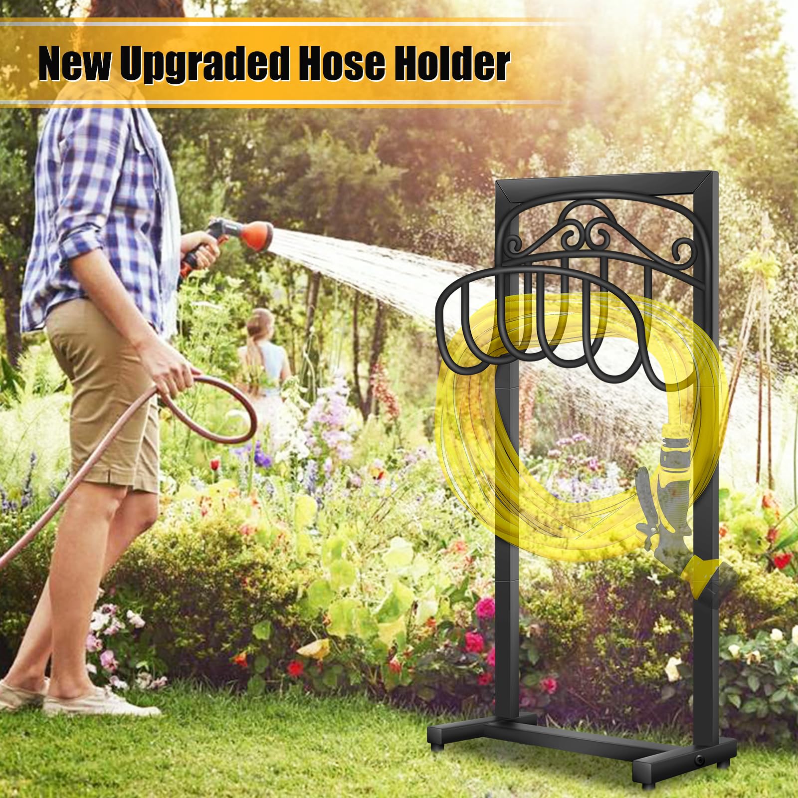 Shomextol Garden Hose Holder -Freestanding Heavy Duty Hose Hanger,Upgraded Water Hose Holder for 100-feet Hose,Sturdy Hose Stand and Hose Storage Rack for Lawn & Yard,Black(Long Beard style)