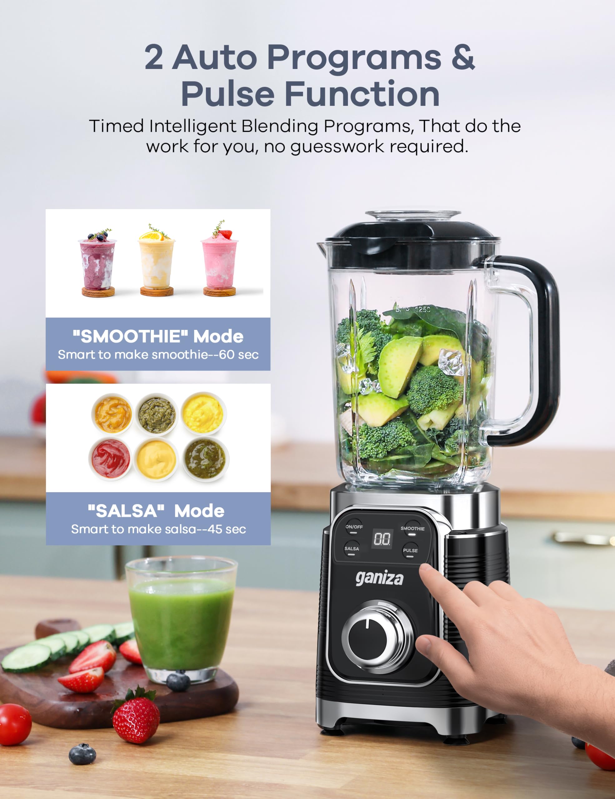 Ganiza Smoothie Blender, 12-Piece Blender For Shakes and Smoothies, 43Oz Large Blender Cup & 2 x 24Oz Portable Blender Cups, Personal Smoothies Maker for Kitchen with Auto-smart Tech & Speed Control