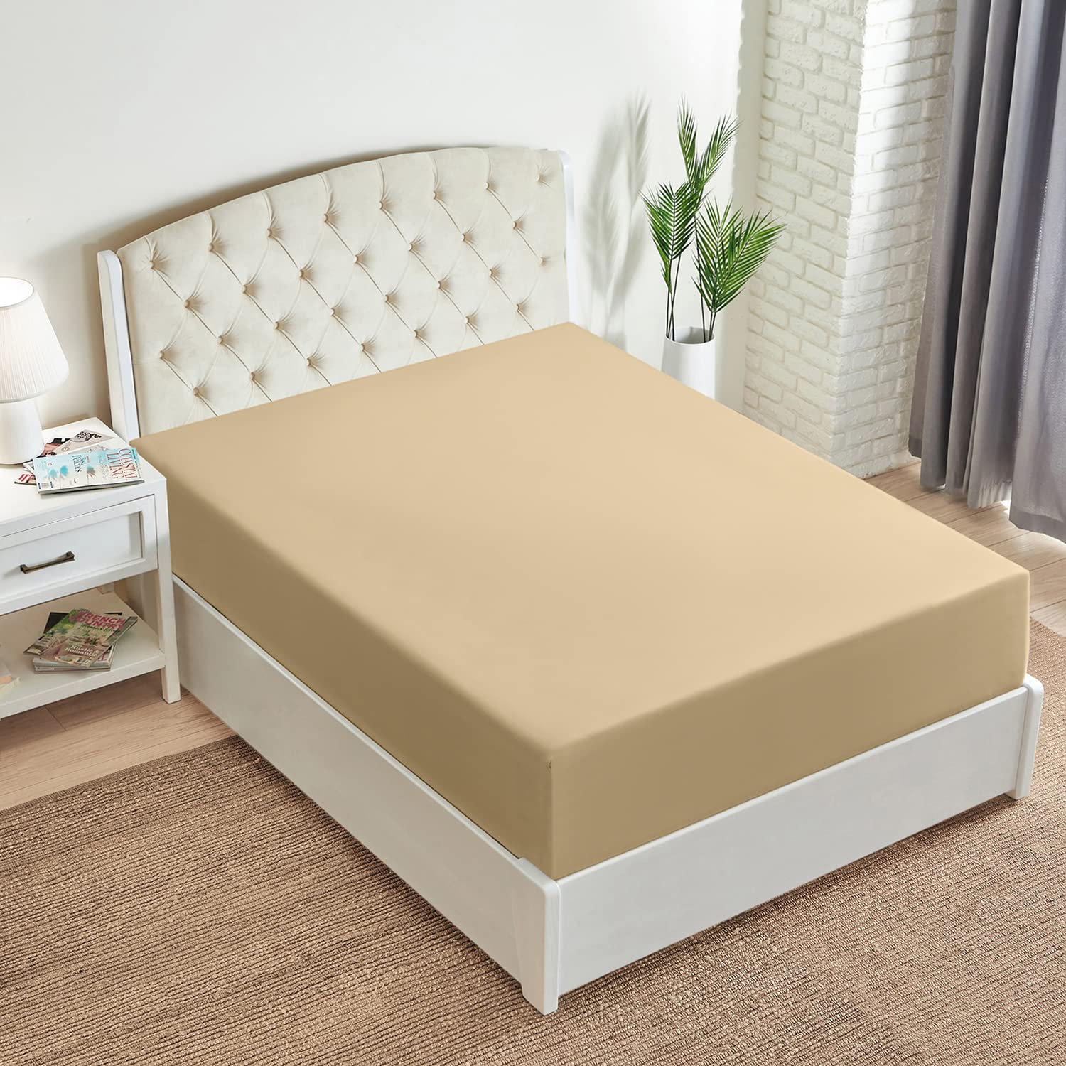 Mellanni Extra Deep Pocket King Fitted Sheet - Iconic Collection Bedding Sheets with up to 21 inch Deep Pocket - Soft & Cooling - Fade & Stain Resistant - 1 PC (King, Beige)