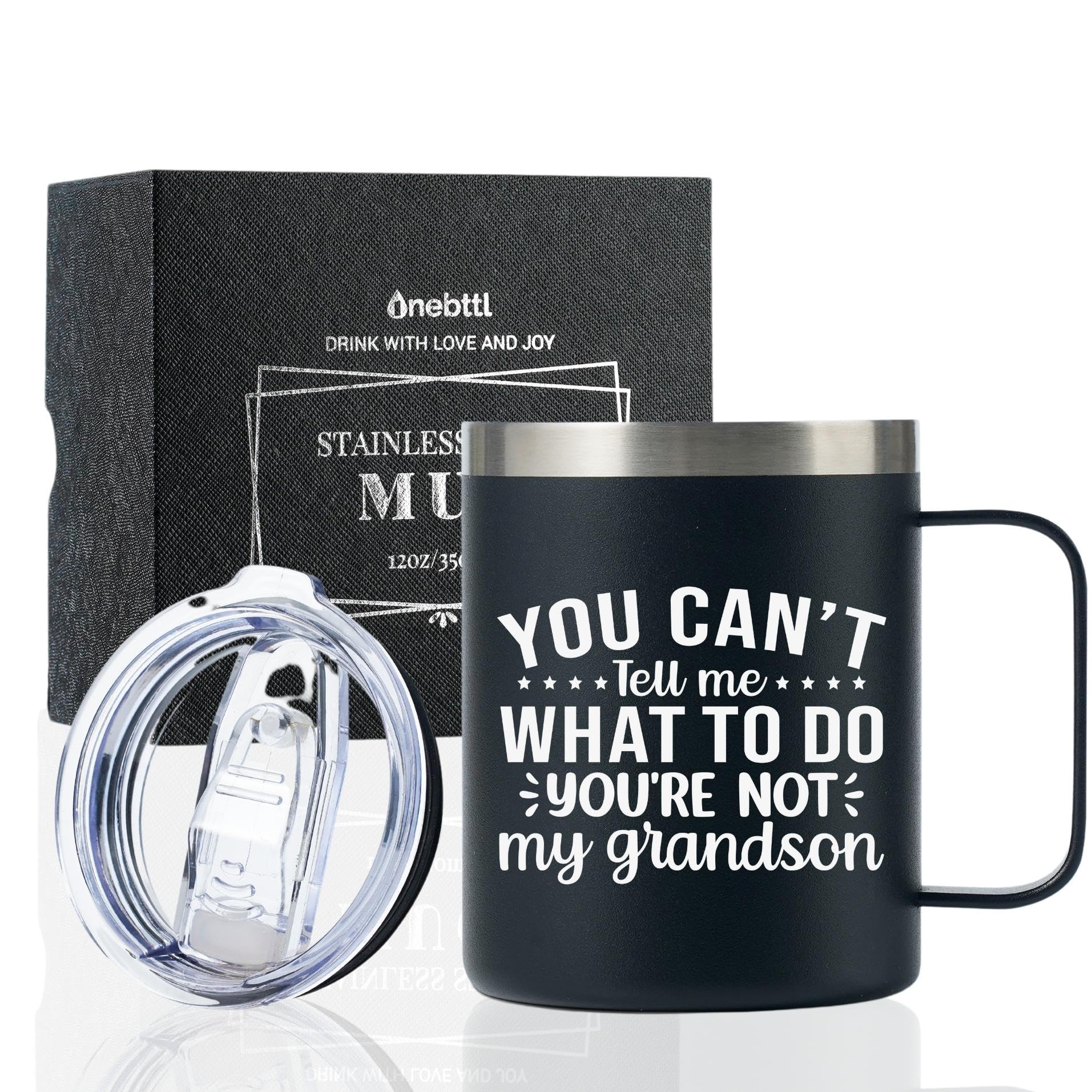 Onebttl Grandpa Gifts from Grandson, Coffee Mug for Christmas Father's Day Birthday, 12oz Stainless Steel Coffee Mug with Handle and Lid