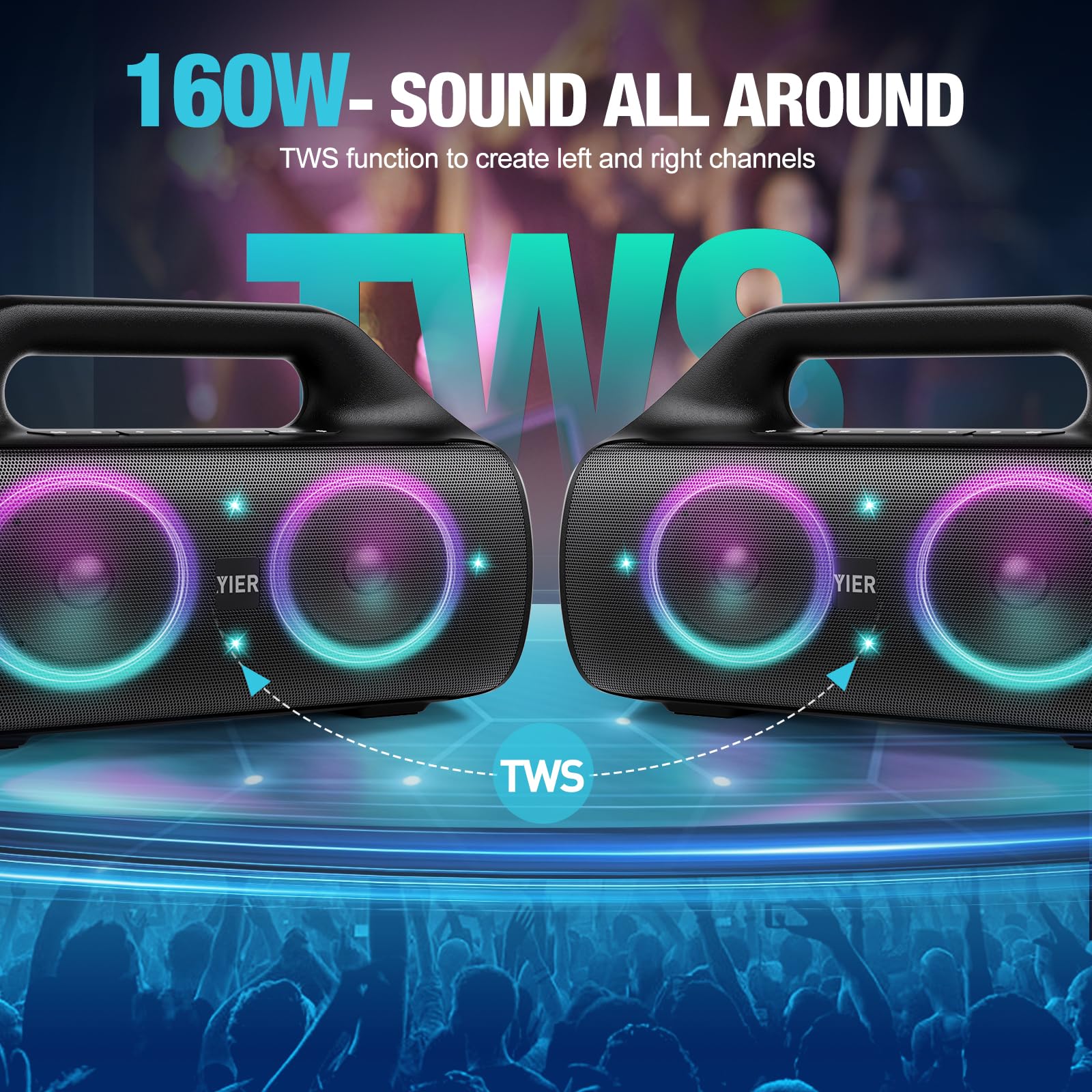YIER Portable Bluetooth Speakers, 80W Peak Wireless Outdoor Speaker with Subwoofer, Deep Bass, IP67 Waterproof, 100dB Loud Party Speakers for Camping, Beach, Garage