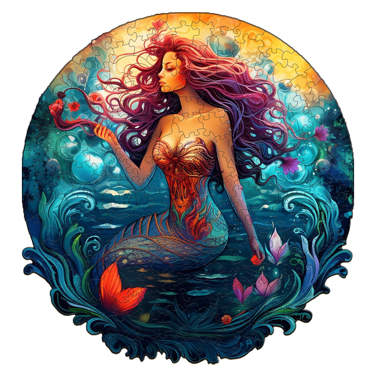 BLUMUZE Deep-Sea Mermaid Wood Puzzle for Adults 11.4 * 10.7In 200 Pcs, Wooden Jigsaw Puzzles with Unique Animals Pieces, Beautiful Mermaid Princess Puzzle, Advanced Christmas Puzzle Gift for Kids