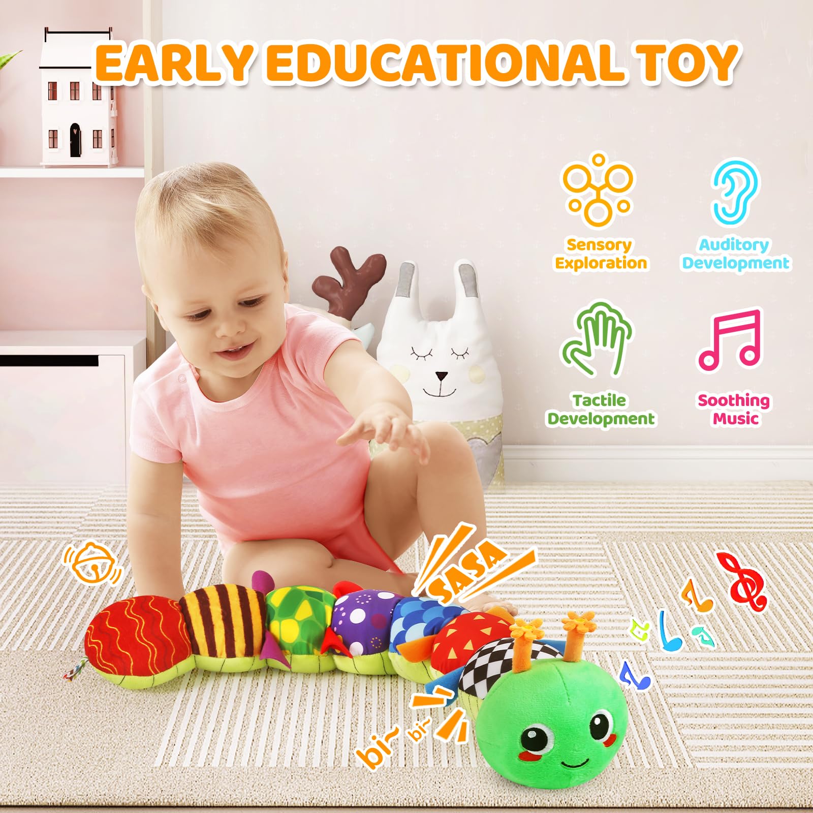 KMUYSL Baby Toys 0-6 6-12 Months, Sensory Music Animal Stuffed Toy for 0 1 2 3 4 5 6+ Months, Plush Toy with Crinkle and Rattles for Infant Newborn, Tummy Time Toys Gifts for 0-3-6-12 Month