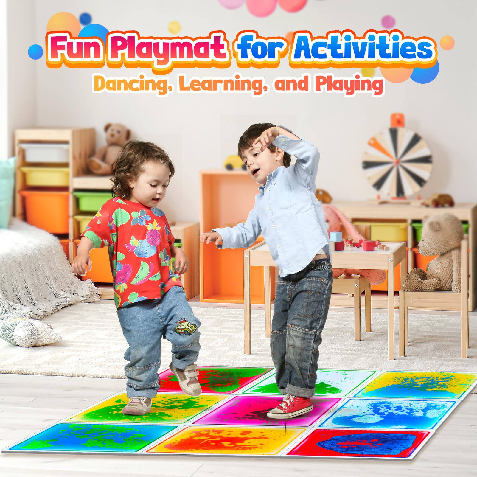 Sensory Floor Tiles: Liquid Play Mats Sensory Pads for Kids Toddlers, 9PCS Autism Sensory Toys, 12"x12" Lava Tiles for Dancing Learning, Special Education Classroom Must Haves, Gross Motor Development