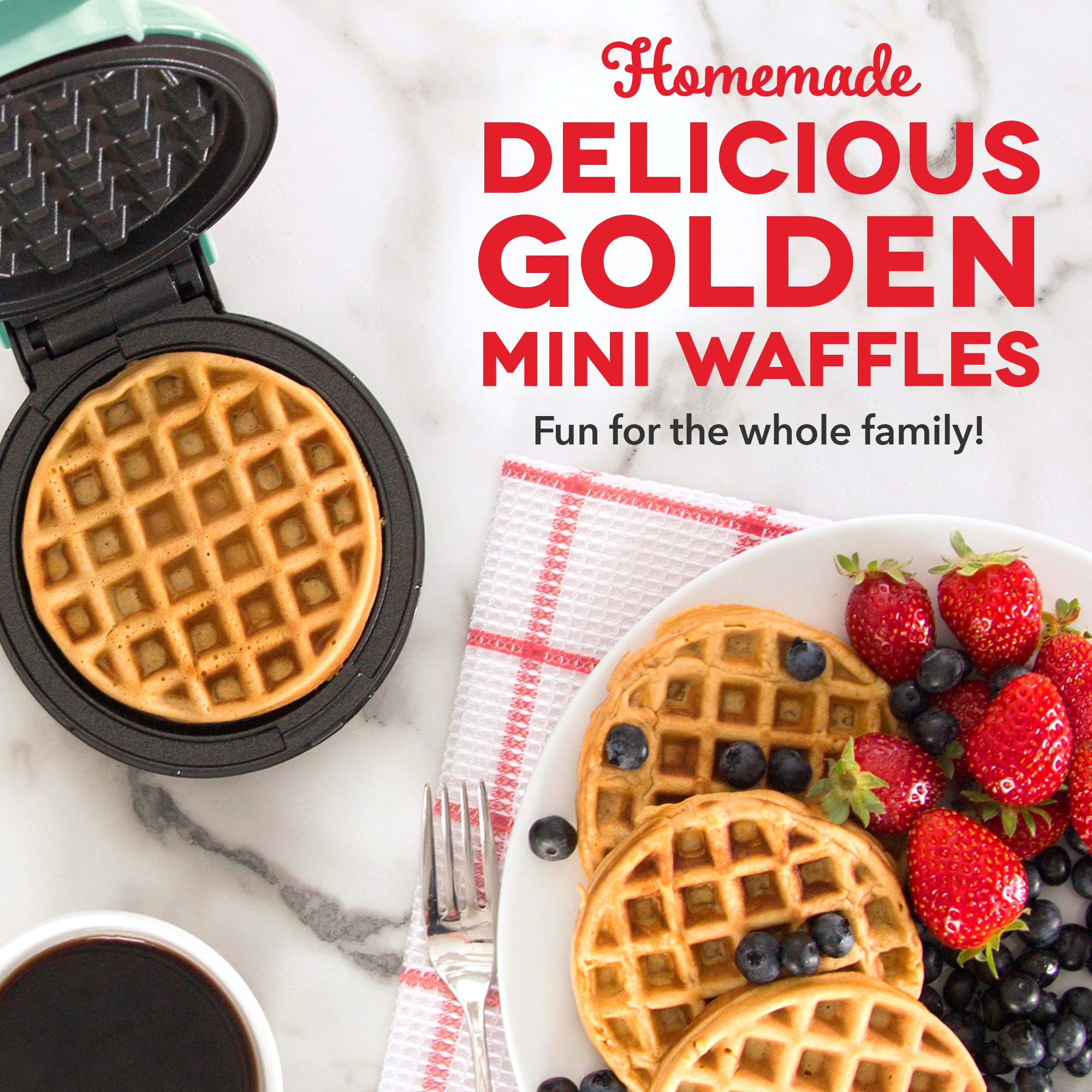 DASH Mini Waffle Maker - 4” Waffle Mold, Nonstick Waffle Iron with Quick Heat-Up, PTFE Nonstick Surface - Perfect Mini Waffle Maker for Kids and Families, Just Add Batter (Aqua)