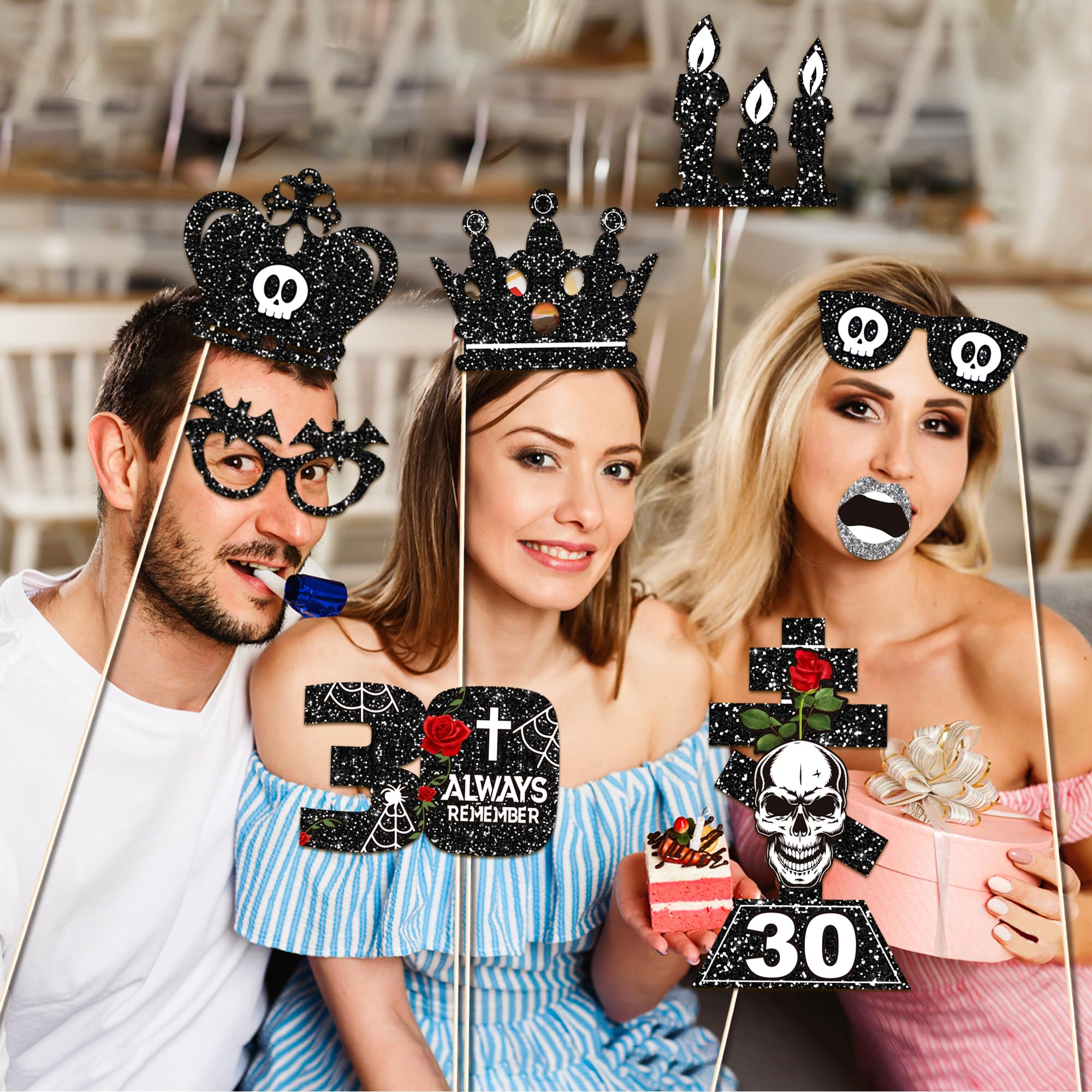 25pcs 30th Birthday Photo Booth Props with Stick 30 Birthday Party Supplies Rip to My Youth Skull Selfie Prop for My Youth Funny Thirtieth Black Birthday Party Decoration