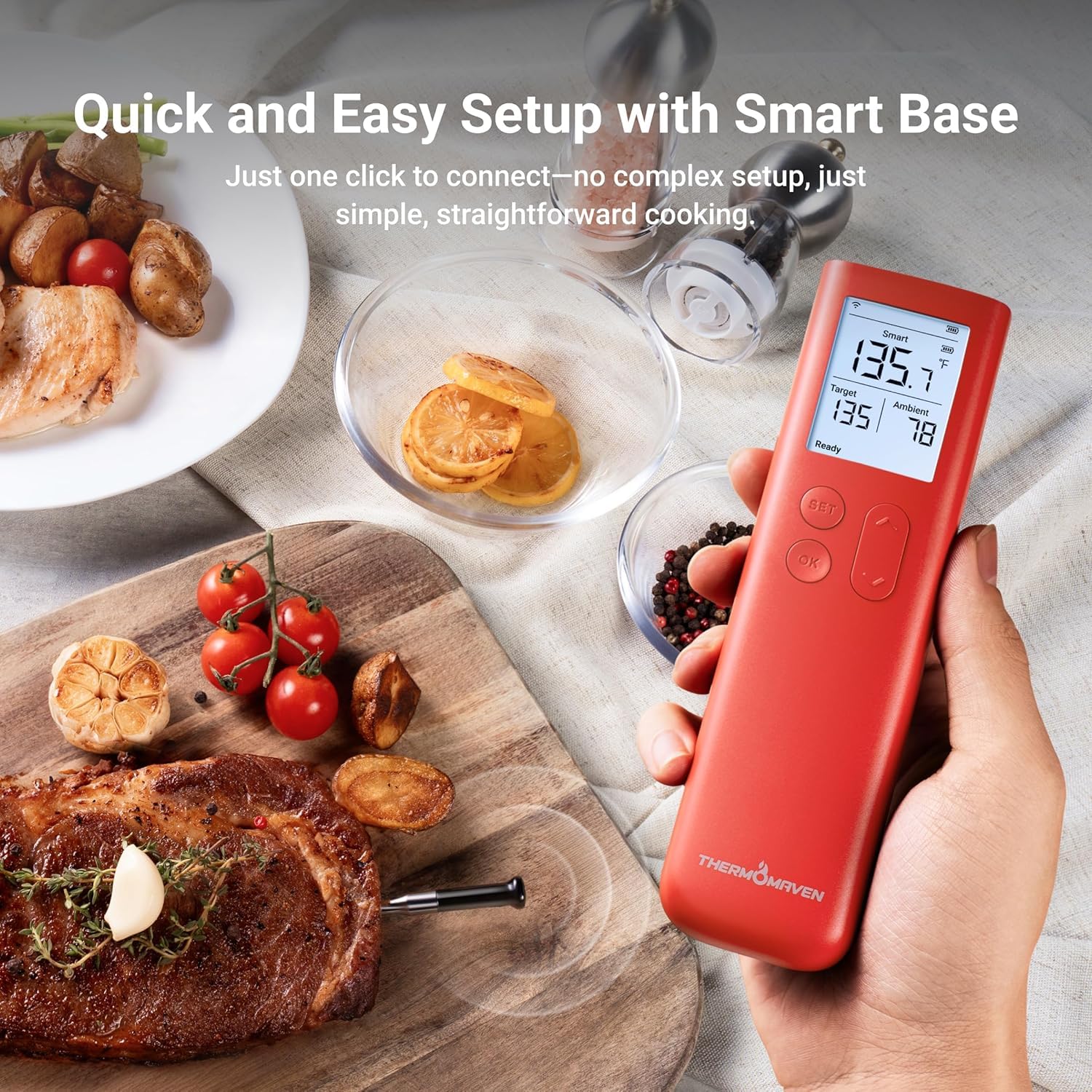 ThermoMaven Wireless Meat Thermometer, 10X Enhanced Signal and Stability with Sub-1G, Standalone Base with Display & Control, Certified Accuracy ±0.5°F, WiFi Unlimited Range for BBQ, Oven,Smoker,Grill