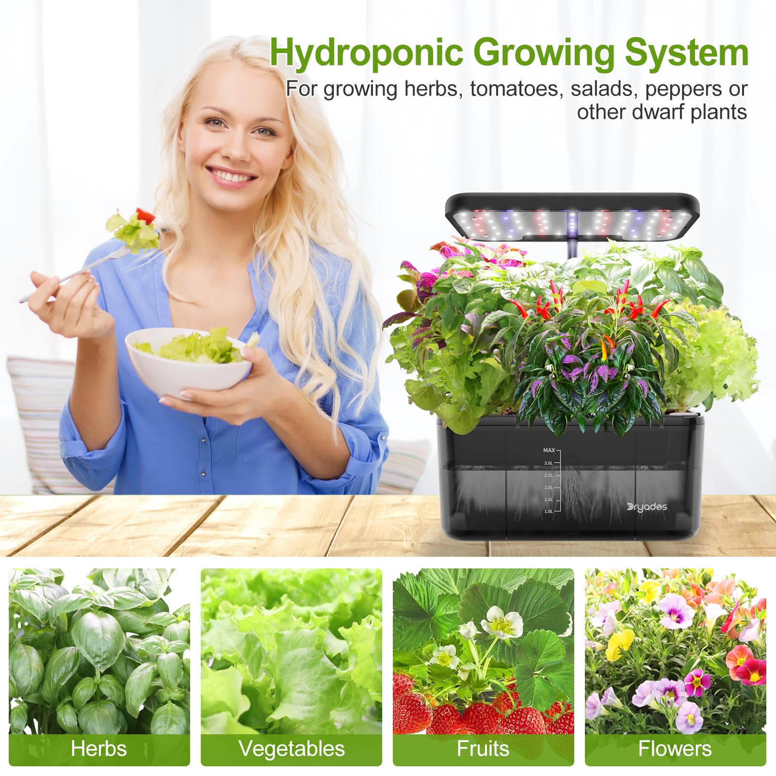 DRYADES Indoor Herb Garden Kit, Hydroponic Growing System with LED Grow Light Quiet Water Pump for Home Kitchen Office Healthy Fresh Herbs Vegetables, Gift Ideas for Women Men