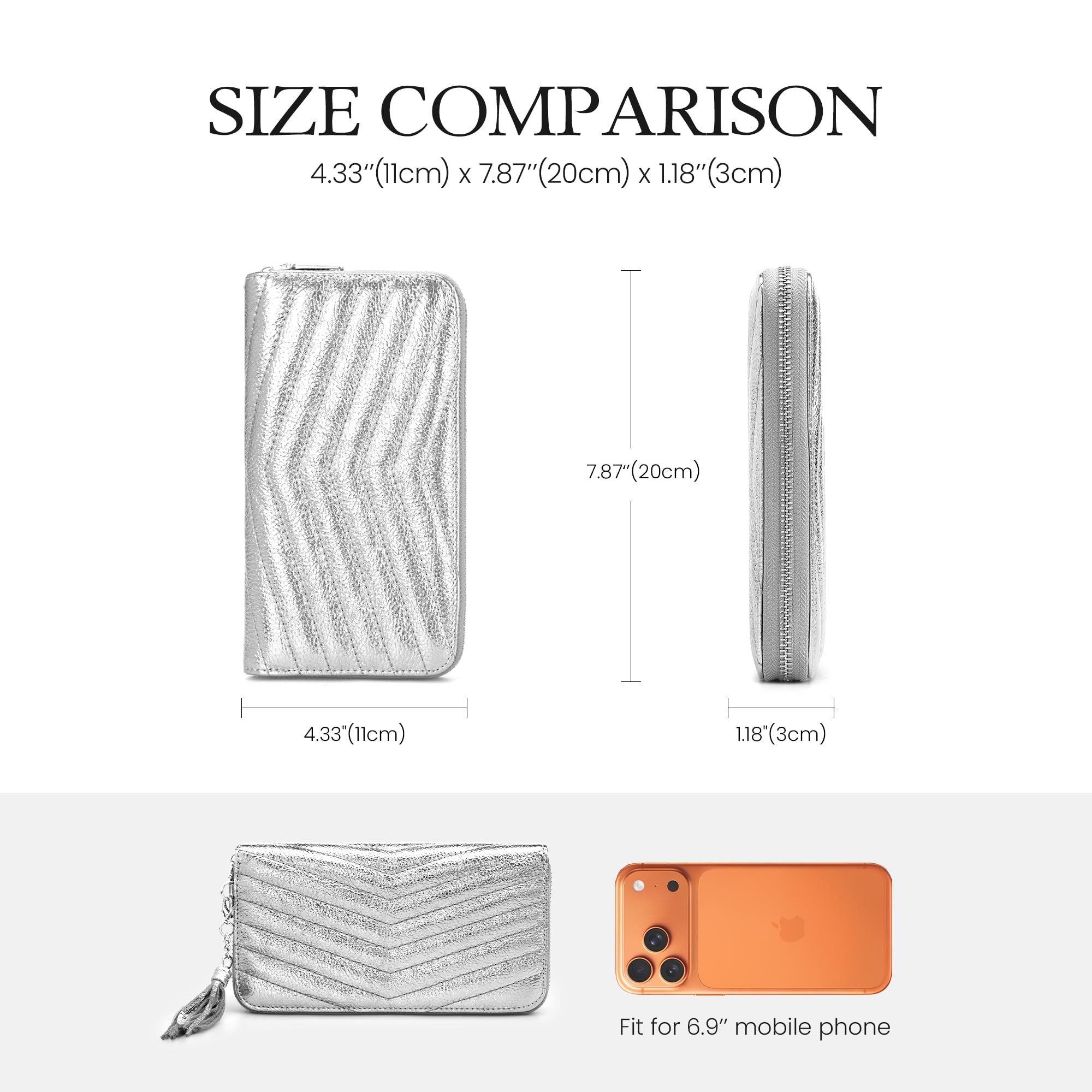 befen Genuine Leather Quilted Wristlet Clutch Wallet Purses for Women Dressy RFID Blocking Zip Around Designer Wallets Metallic Silver Evening Bags