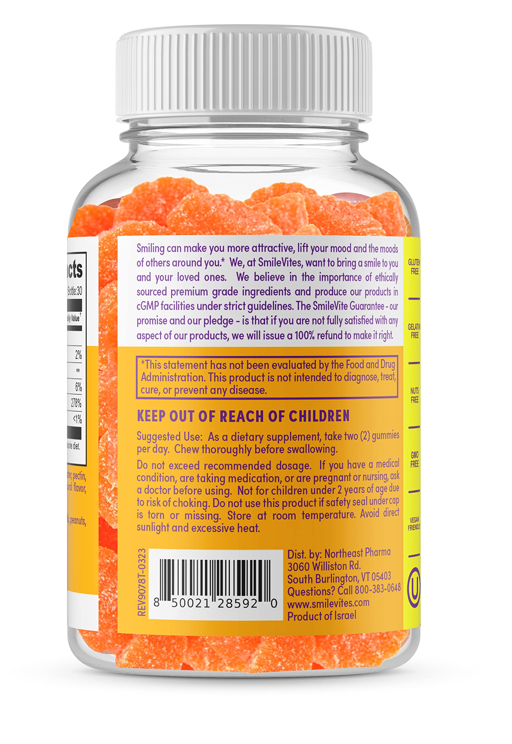 SmileVites Vitamin C Gummies Supports Immune Health - Gluten, Gelatin & GMO Free Vegan, Kosher, Citrus Orange Flavor (60 Gummies)