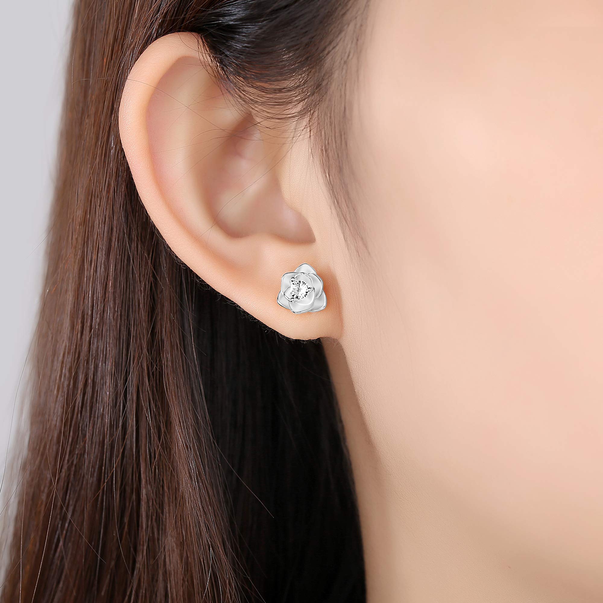 White Gold Plated Rose Flower Stud Earrings for Women Gift