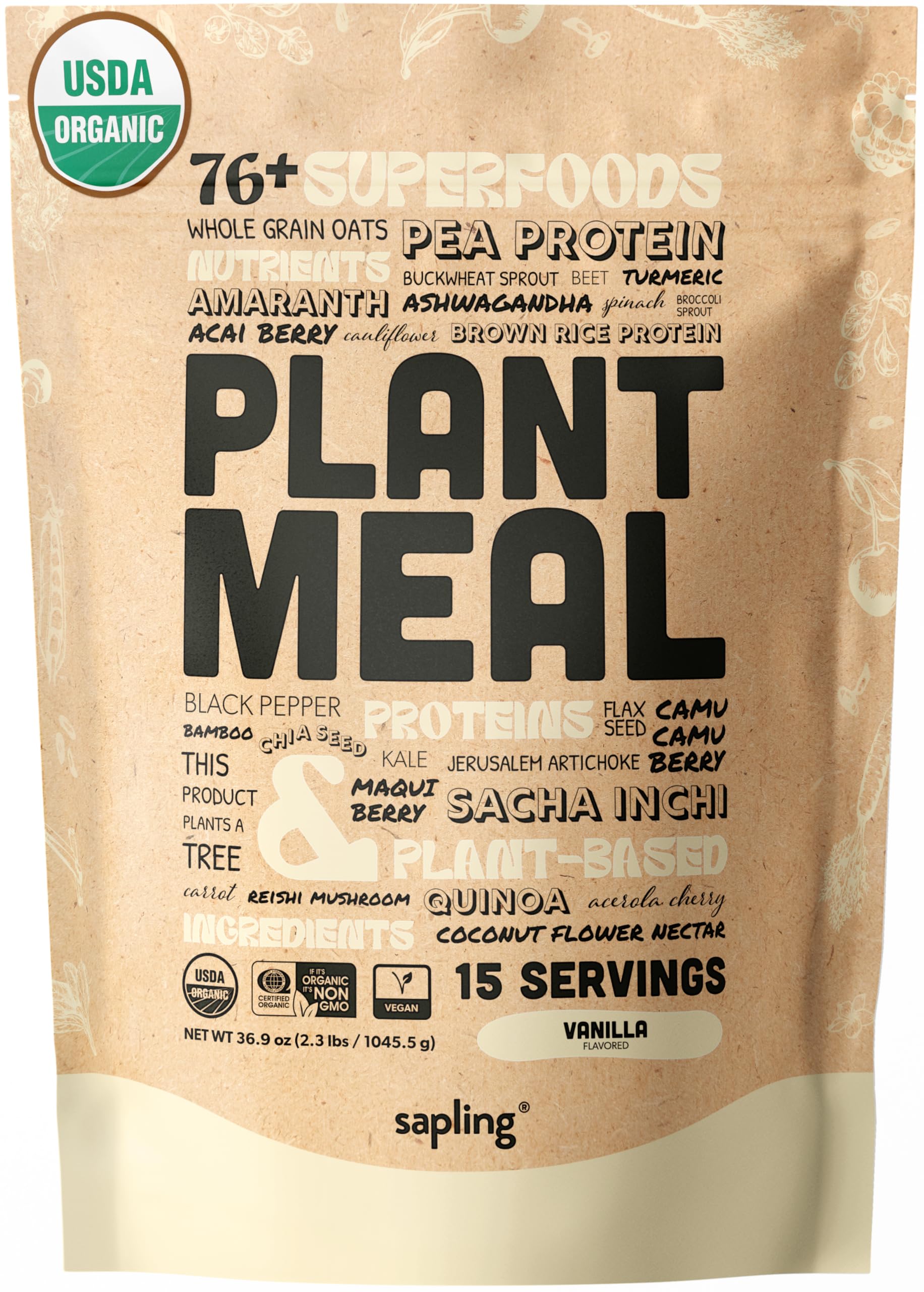 Plant Meal Replacement Shake - Vanilla - 25g of Plant Based Vegan Protein Powder, 76+ Organic Superfoods, Vitamins & Minerals, Mushrooms, Super Greens, Digestive Enzymes & Probiotics - 15 Servings