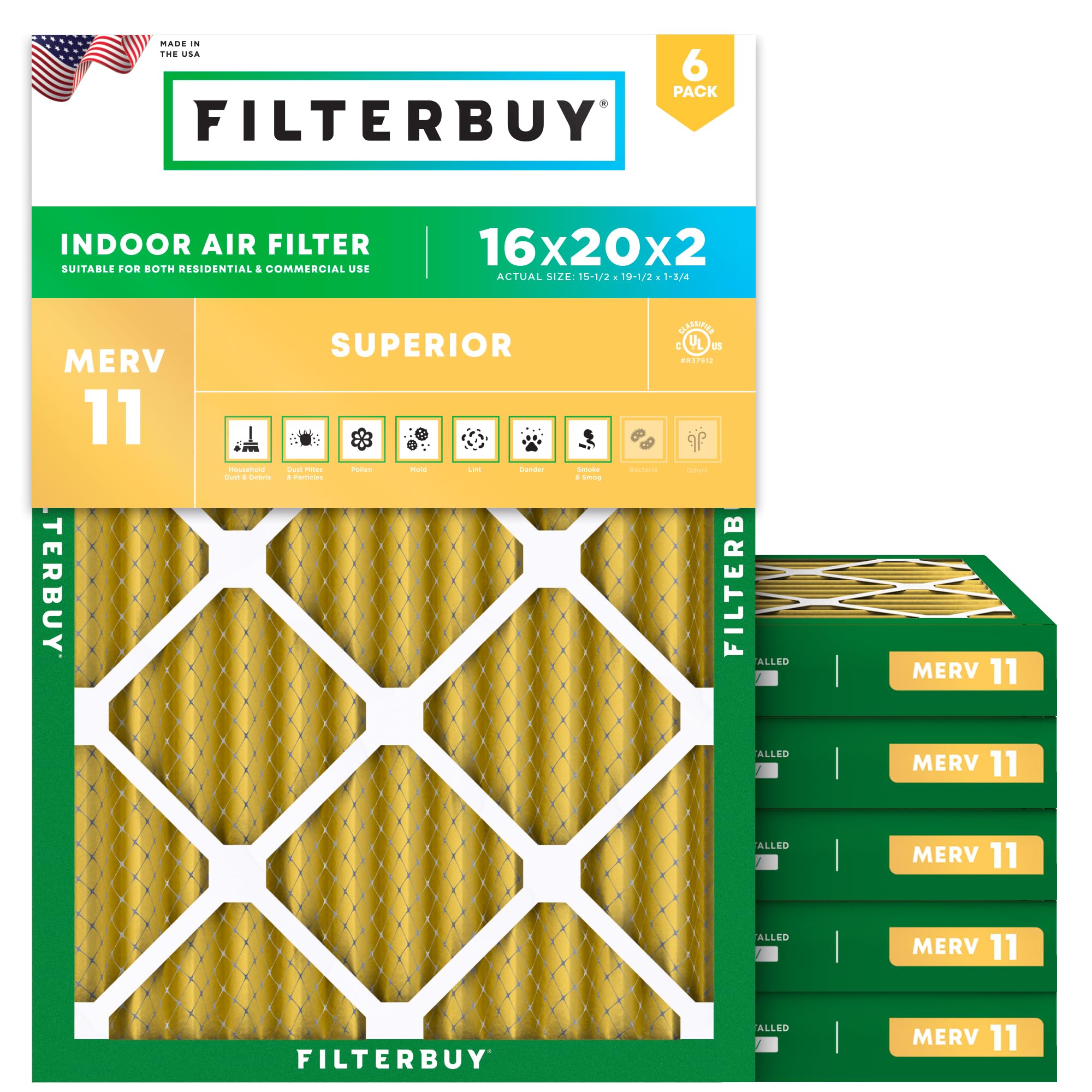 Filterbuy 16x20x2 Air Filter MERV 11 Allergen Defense (6-Pack), Pleated HVAC AC Furnace Air Filters Replacement (Actual Size: 15.50 x 19.50 x 1.75 Inches)