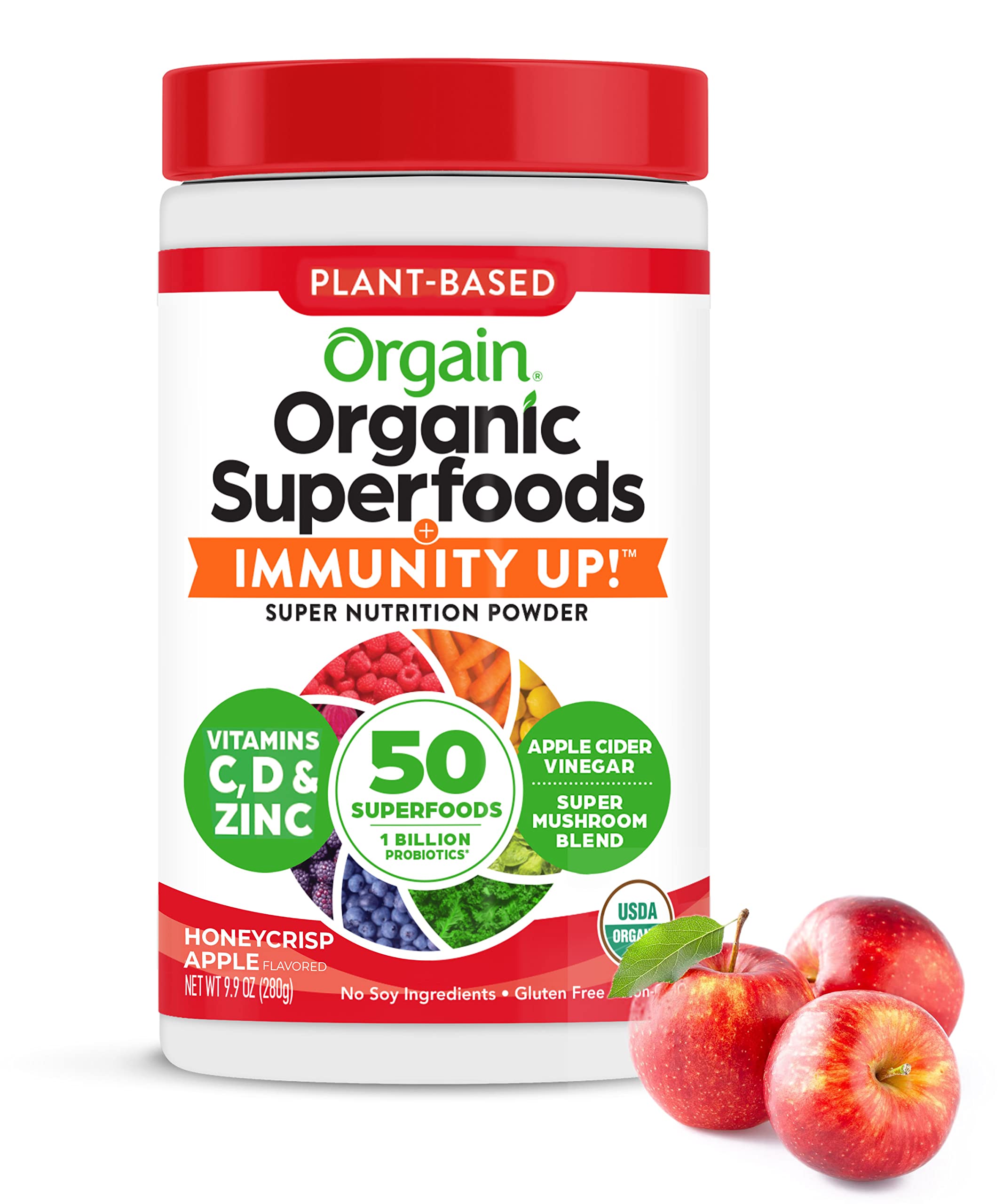 Orgain Organic Greens + 50 Superfoods Immunity Up! Powder, Honeycrisp Apple - Immune Support, Probiotics, Vitamin C, D & Zinc, Apple Cider Vinegar, Ashwagandha, Cordyceps & Reishi Mushrooms - 0.62lb