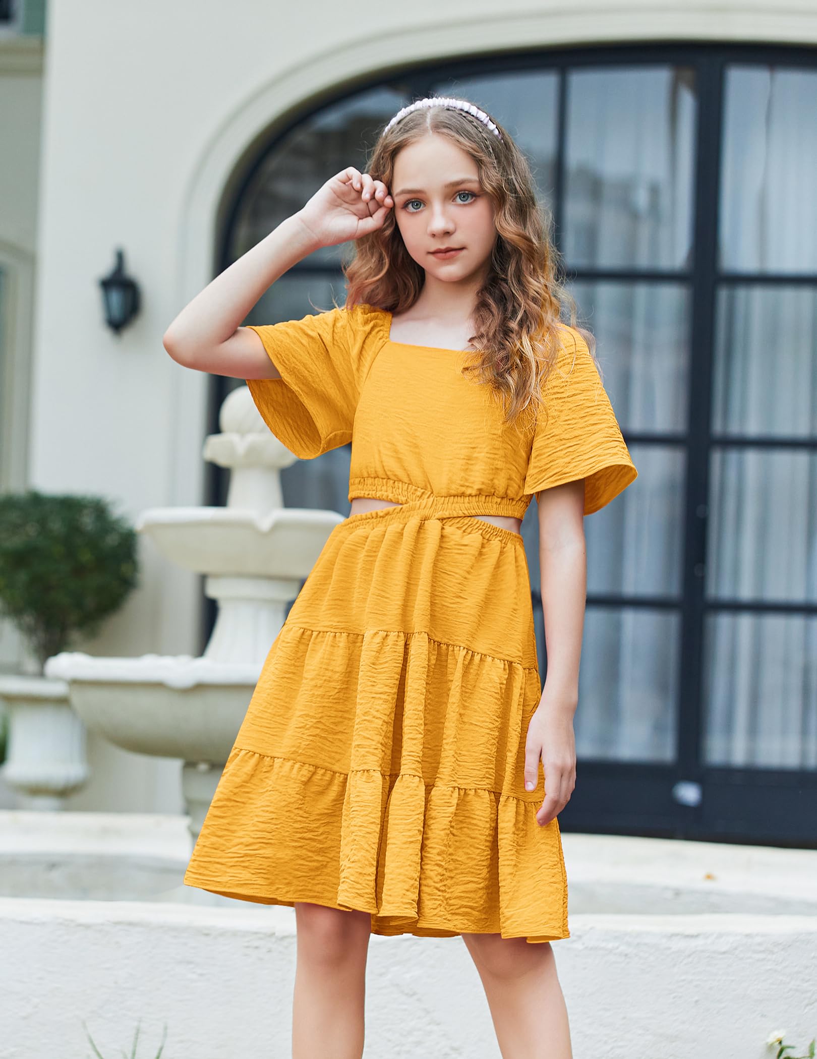 Arshiner Girls Dresses Off Shoulder Cut Out Shirred Tiered Vacation Yellow Spring Dress 13-14