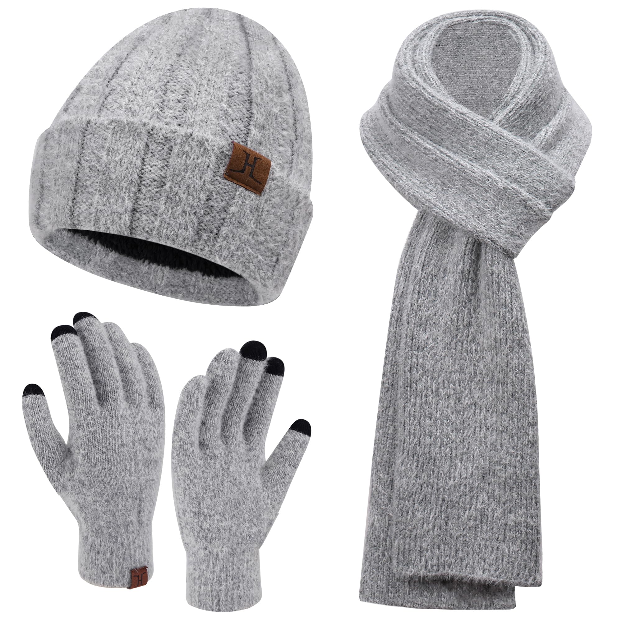 Womens Winter Warm Knit Beanie Hat Touchscreen Gloves Long Neck Scarf Set with Fleece Lined Skull Caps Gifts for Women Grey