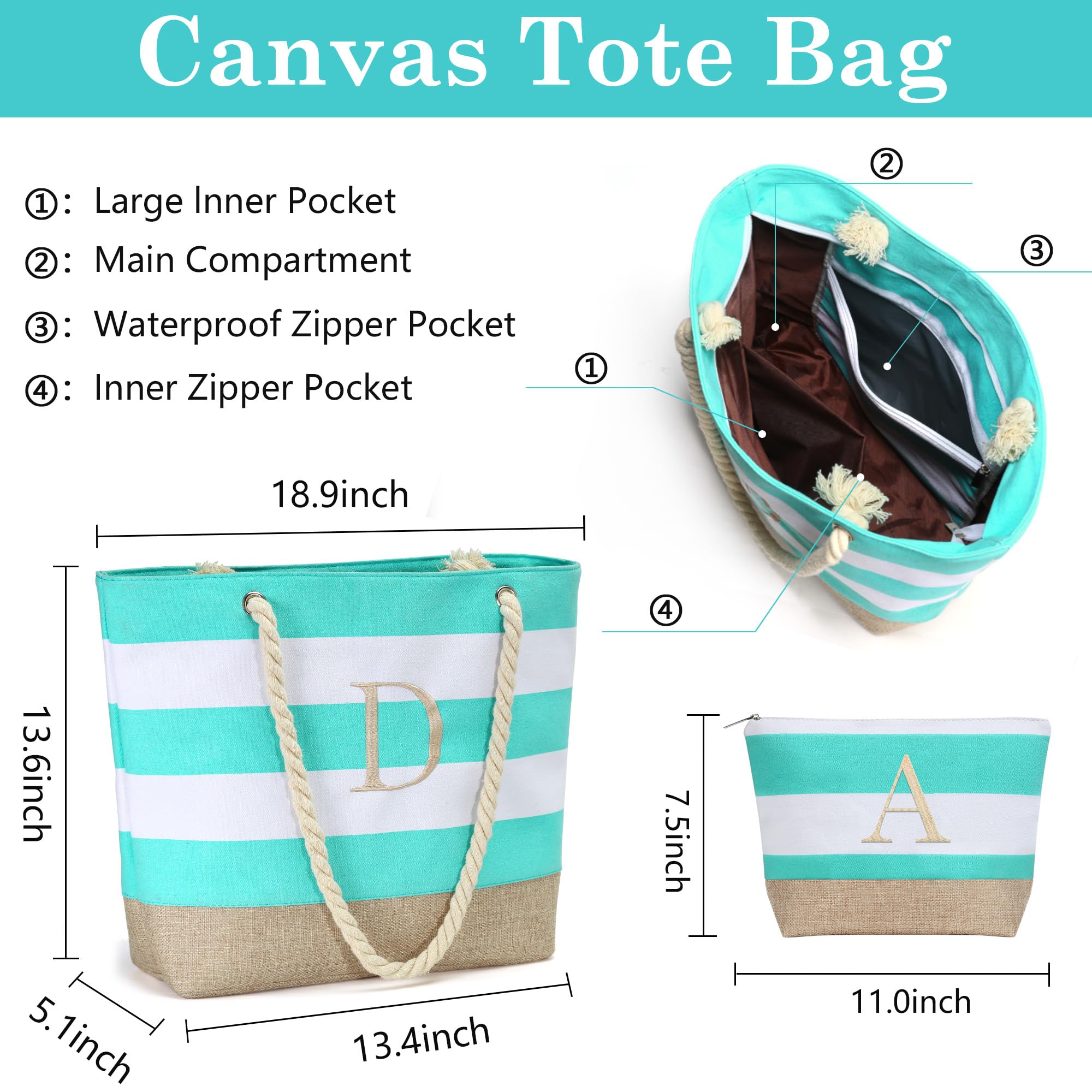 YOOLIFE Initial Beach Bag - Monogram Travel Canvas Beach Bag Makeup Bag Zipper, Personalized Birthday Gifts for Her Girlfriend Mom Friend Female Teacher Bridesmaid Waterproof Bag Christmas Gifts J